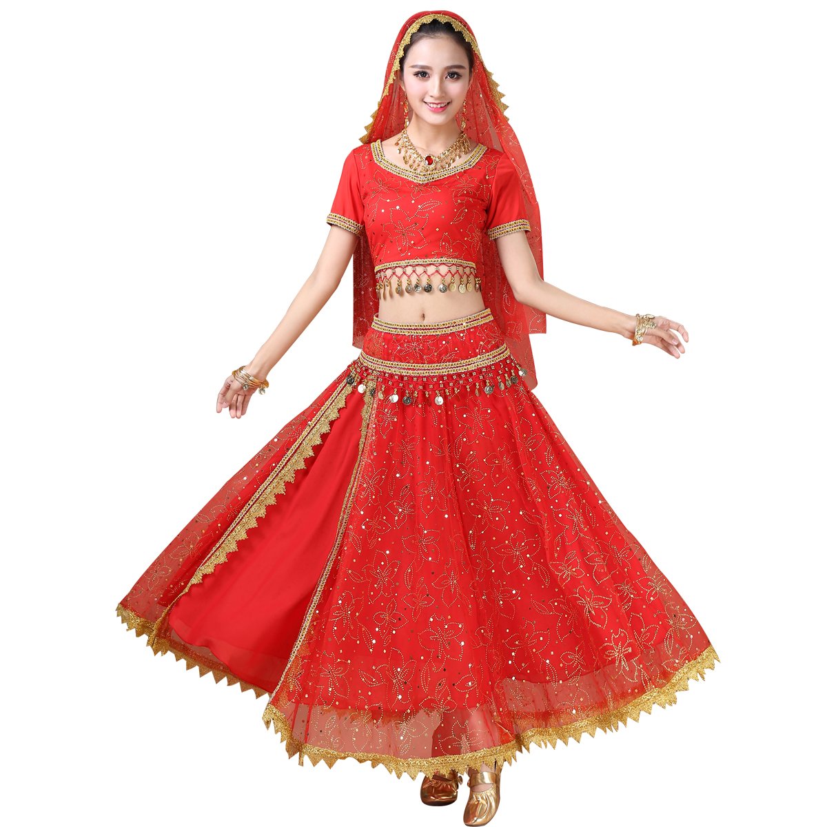 Elegant MISI CHAO Belly Dance Costume - Bollywood Chiffon Dress with Head Veil for Women | Perfect for Halloween, Dance Performances & Cultural Events