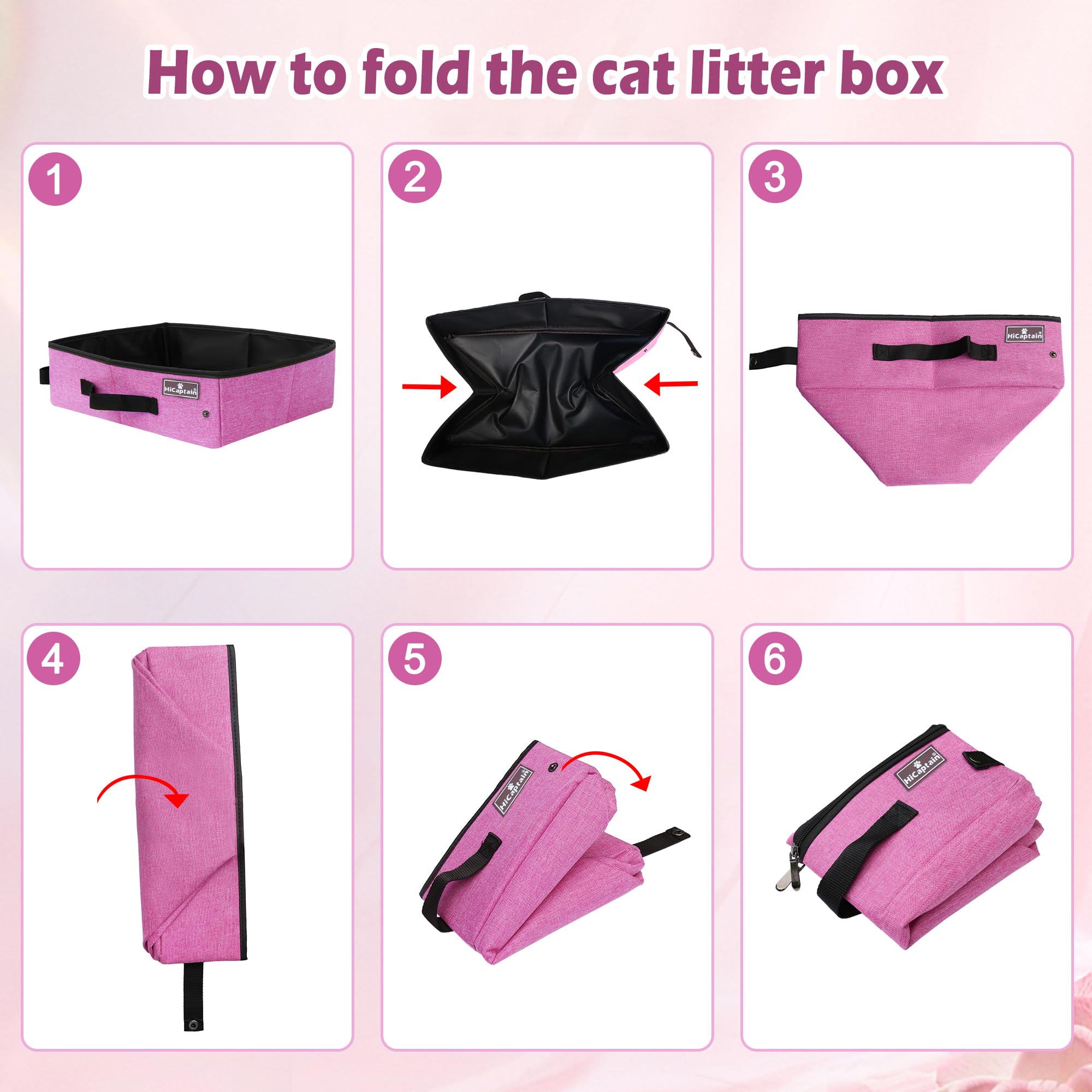 HiCaptain Portable & Collapsible Cat Litter Box for Travel - Leak-Proof, Sturdy & Lightweight Design - Perfect for Car Trips with Medium Cats & Kittens (Pink) - Ideal for Road Trips, Camping & Vet Visits