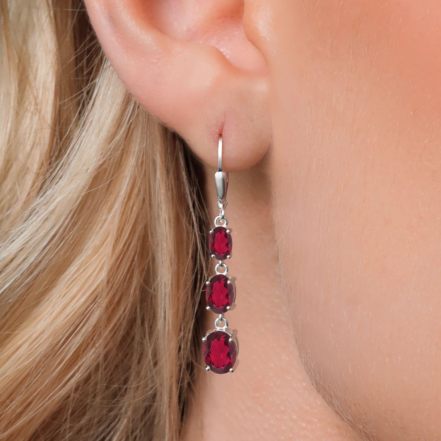 Gem Stone King 3-Stone Leverback Drop Dangle Earrings for Women - 925 Sterling Silver Birthstone Jewelry | Oval 8x6mm, 7x5mm & 6x4mm Gemstones | Elegant Gift for Mom, Wife, Her | Perfect for Weddings, Anniversaries & Special Occasions
