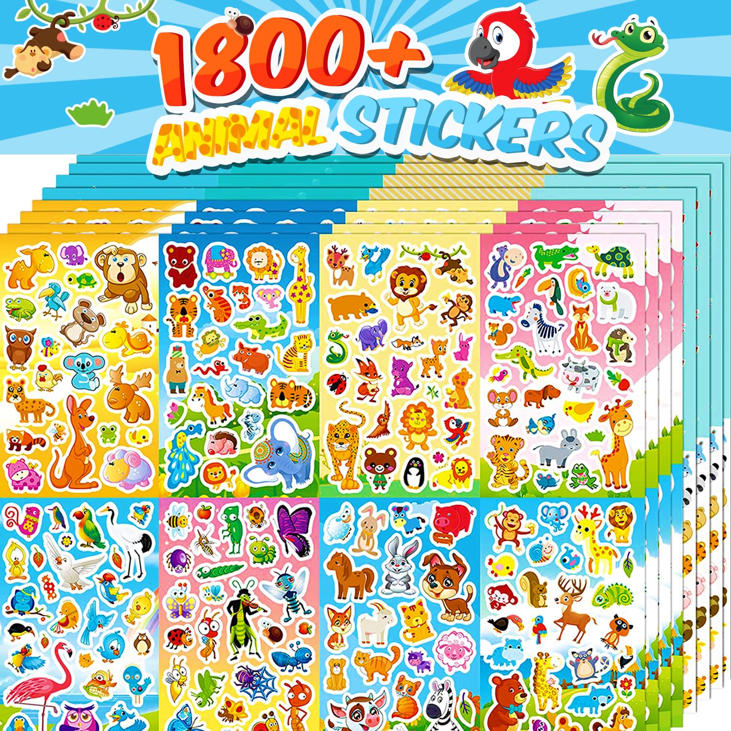 Sinceroduct 64 Sheets Kids Stickers - 1800+ Animal Stickers with 16 Themes, Waterproof Bottle Stickers for Scrapbooking, Classroom Rewards, Party Favors - Perfect for Teachers, Parents & Children (Ideal for School Projects, DIY Crafts & Birthday Gifts)