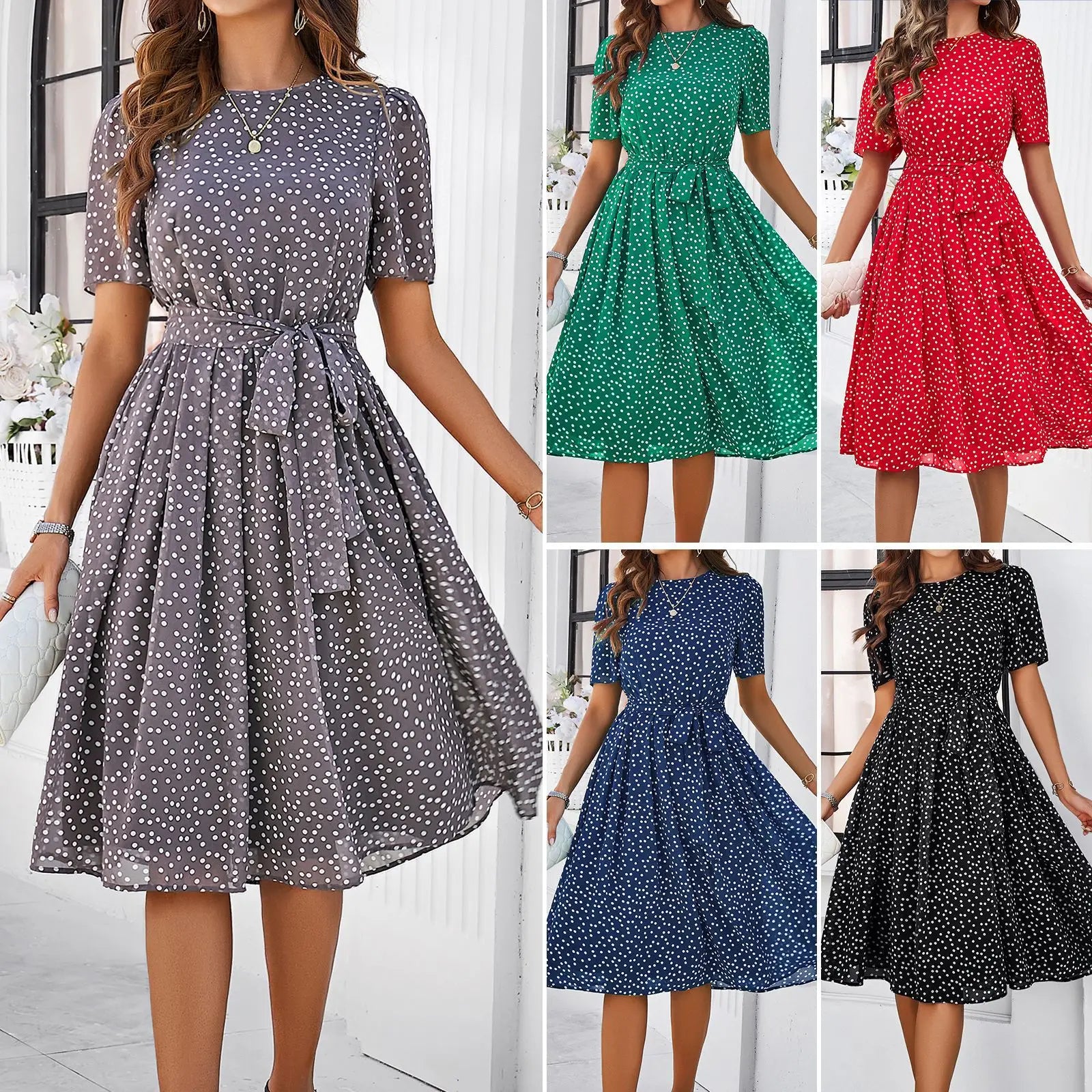 Elegant Women's Lace-Up Polo Dress - Short Sleeve Casual Dot Print Dress for Office & Summer 2024 | Perfect for Workwear, Business Casual & Spring Outfits