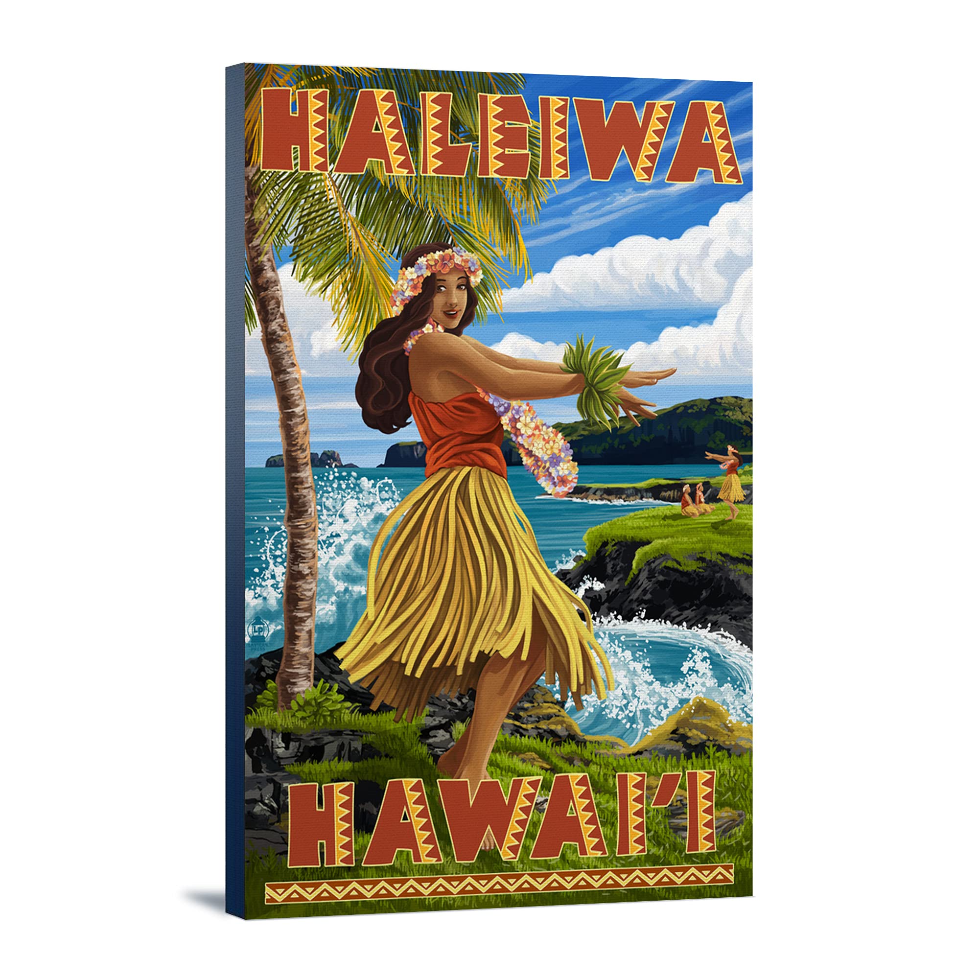 Hawaiian Hula Girl Art Print - 24x36 Stretched Canvas Wall Decor for Beach House, Living Room & Office - Haleiwa Coast Landscape Painting