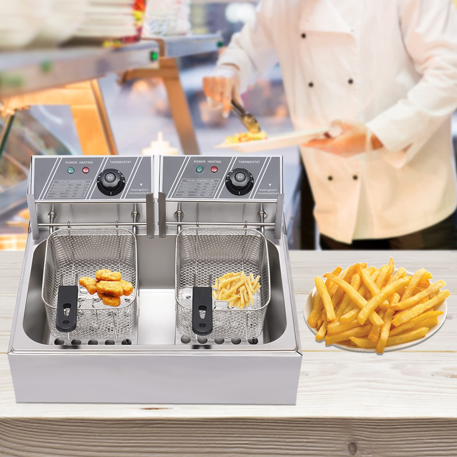 12L 5000W Commercial Electric Countertop Deep Fryer - Dual Tank Stainless Steel Deep Fryer with 2 Baskets - Professional Restaurant-Grade Frying Machine for Home & Commercial Kitchens - Perfect for Chicken Wings, French Fries, Donuts & More