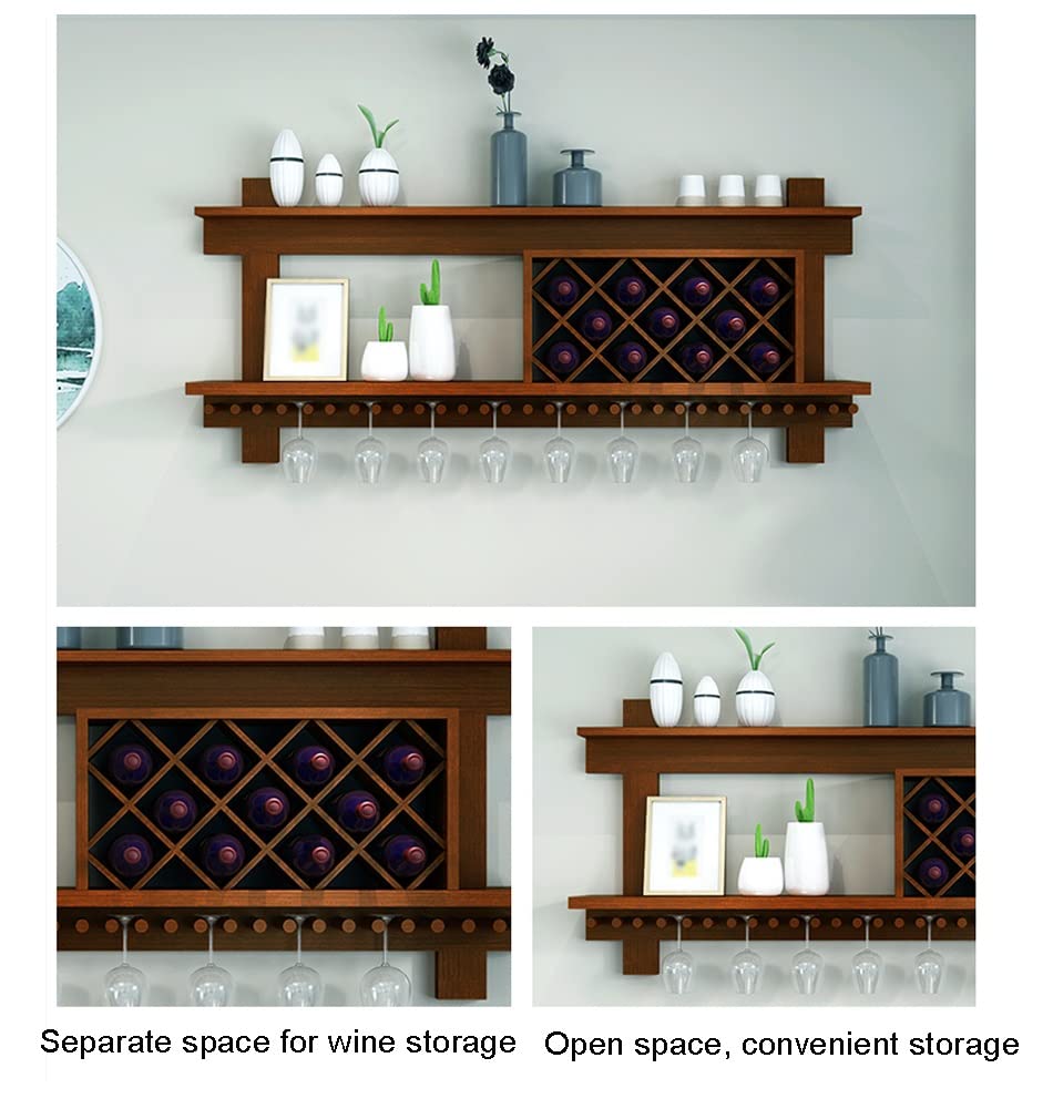 Wall Mounted Wooden Wine Rack - Glass Holder & Bar Shelf for Kitchen, Living Room Decor