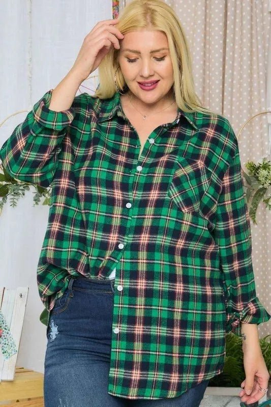 ADORA Women's Plus Size Classic Plaid Button Down Shirt with Roll-Up Sleeves - Casual Office Wear & Fall Layering Essential
