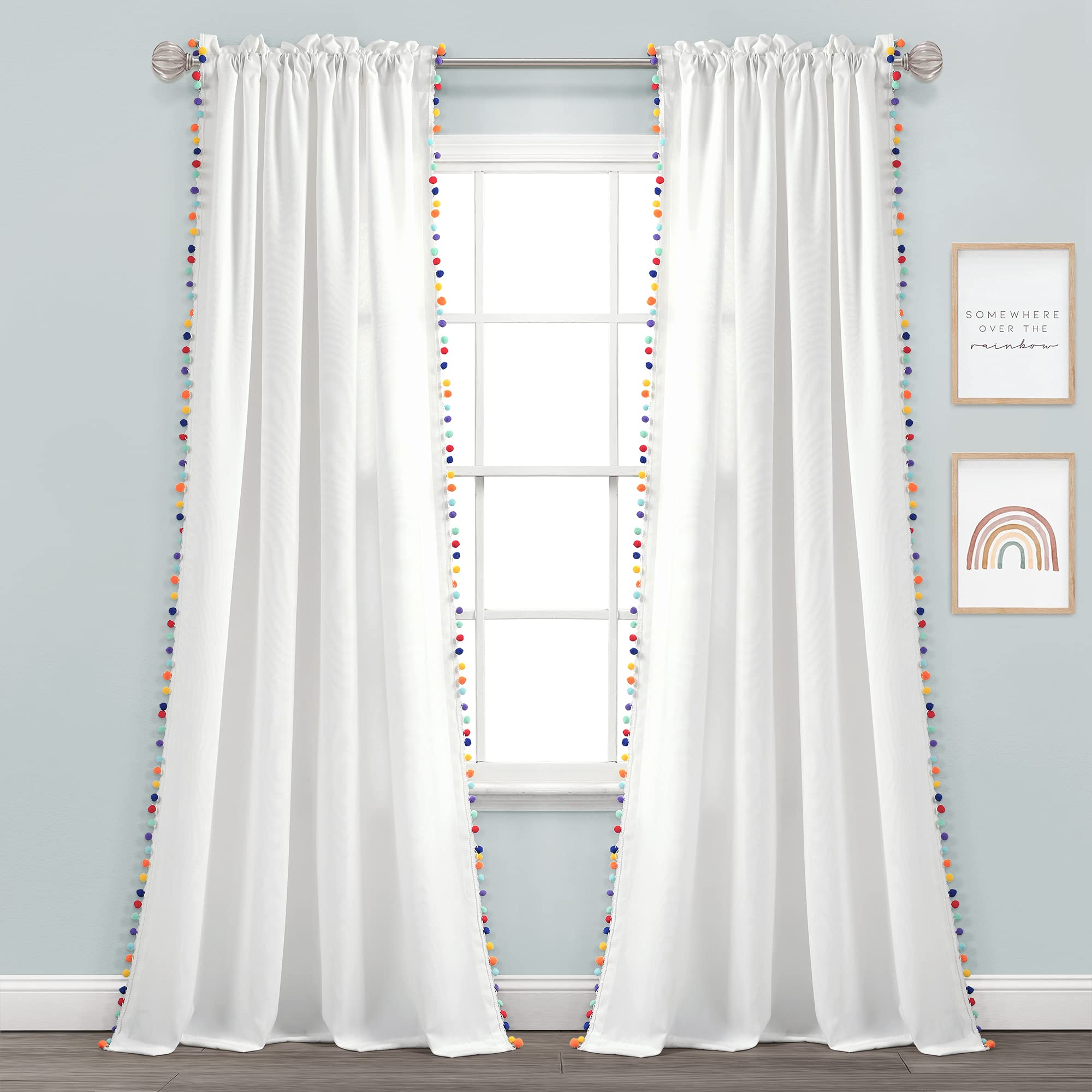 Lush Decor Pom Curtain - Vintage Solid Color for Living Room & Bedroom - 50