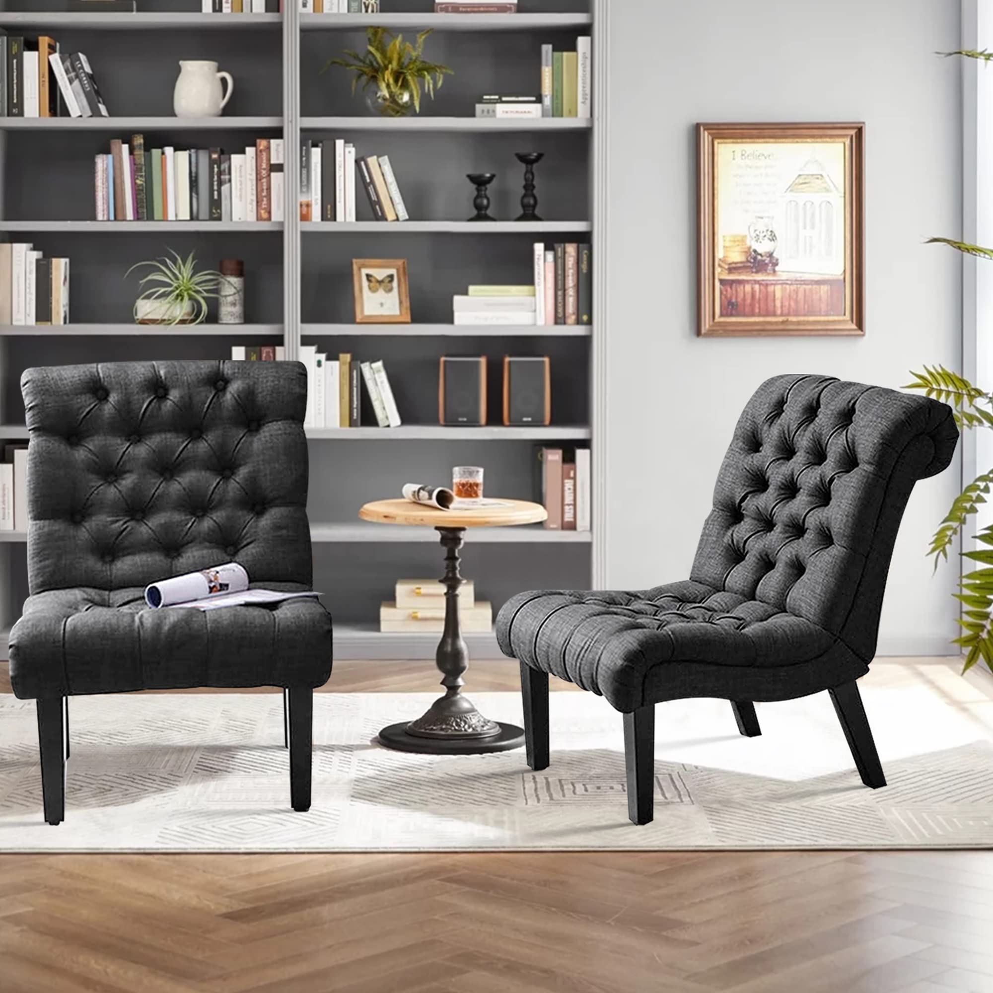 Modern Accent Chair for Living Room & Bedroom - Upholstered Tufted Armless Lounge Chair with Wooden Legs, Grey Fabric Recliner - Perfect for Reading Nook, Home Office, and Small Space Decor