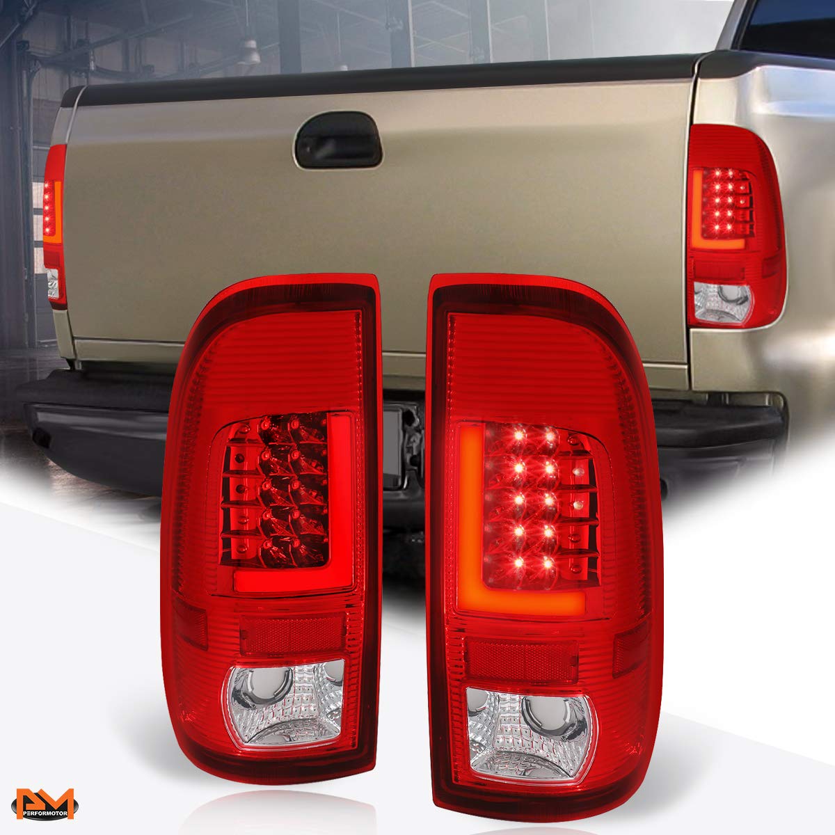 PM PERFORMOTOR Red L-Shape 3D LED Tail Brake Light Bar Assembly - Compatible with 1997-2007 Ford F250 F350 F450 F550 Super Duty Trucks - Chrome Housing with Red Lens - Enhanced Visibility & Safety for Night Driving & Towing