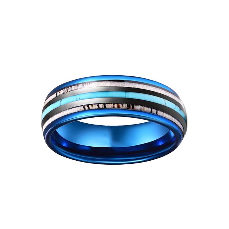 Men's 8mm Blue Tungsten Wedding Band with Turquoise Inlay - Unique Deer Antler Nature Ring for Grooms, Outdoor Enthusiasts & Nature Lovers - Perfect for Weddings, Anniversaries, Camping & Outdoor Adventures