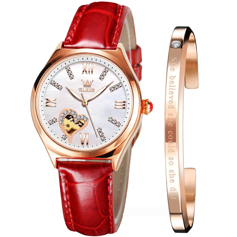 OLEVS Women's Automatic Watch - Diamond Heart Dial, Leather Strap for Elegant Occasions