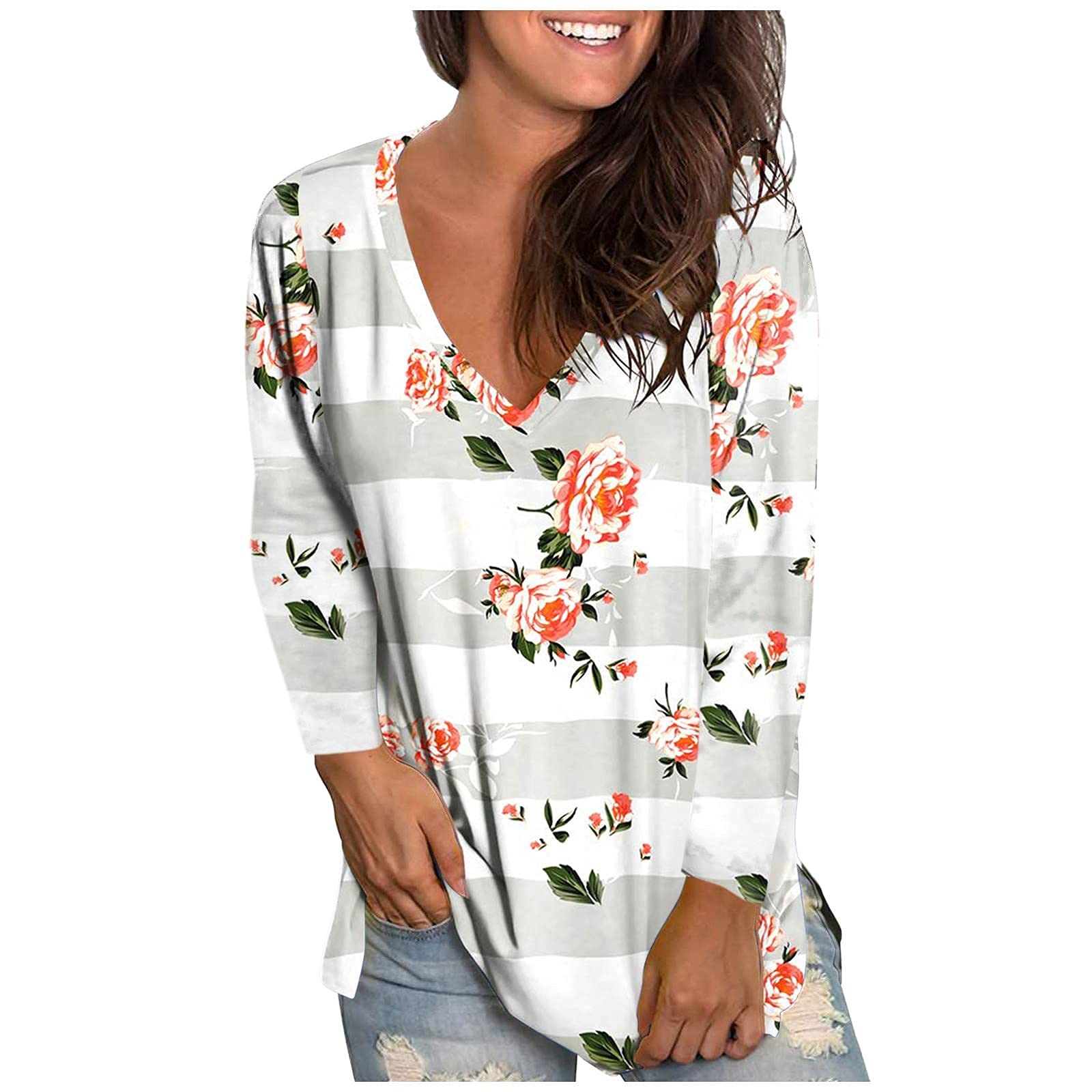 Women's Long Sleeve Tunic Tops - Striped V-Neck Casual Blouse with Gradient Floral Print | Loose Fit Shirt for Work, Weekend & Layering
