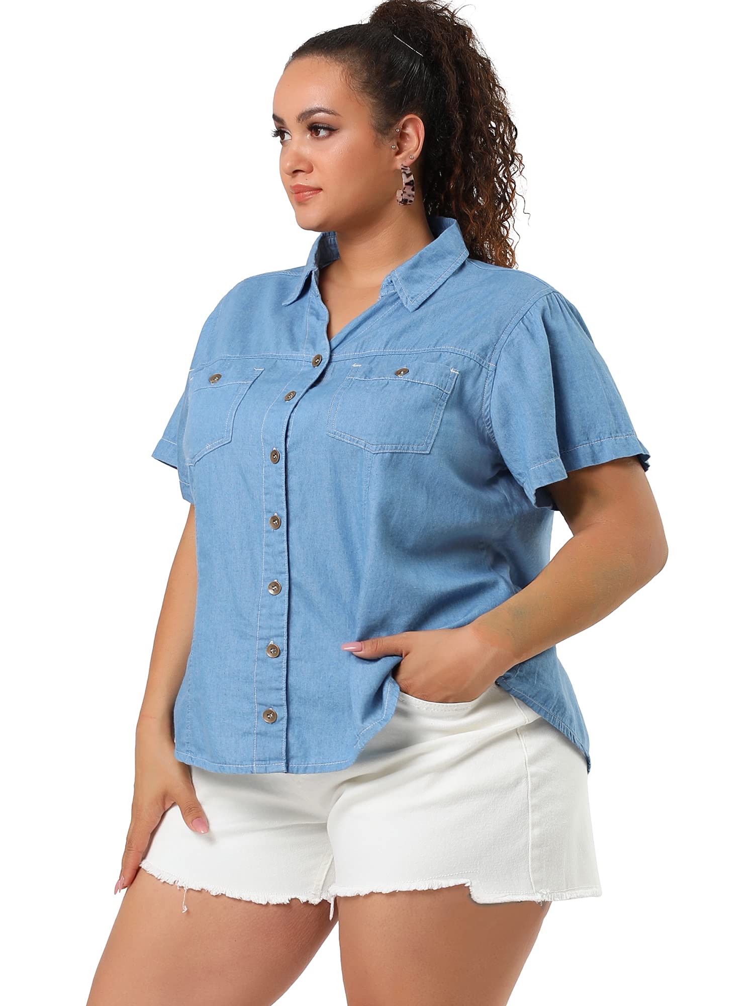 Agnes Orinda Plus Size Denim Shirts for Women - Short Sleeve Chambray Button Down Casual Tops | Perfect for Work, Weekend Outings & Summer Styling