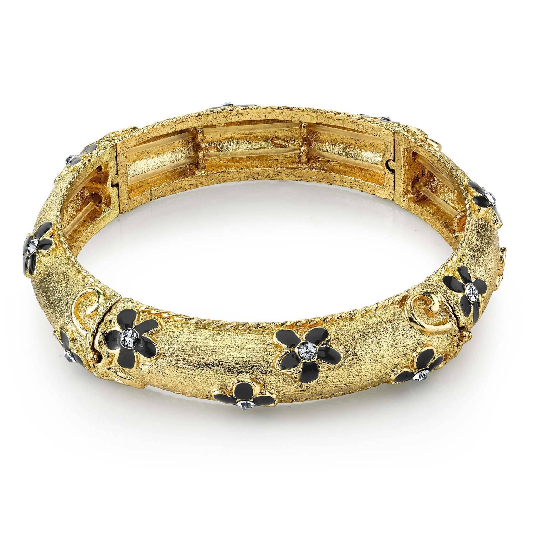 1928 Jewelry Le Marais Black Enamel Flower Crystal Accent Stretch Bracelet for Women - Elegant Adjustable Bangle for Party, Wedding & Evening Wear