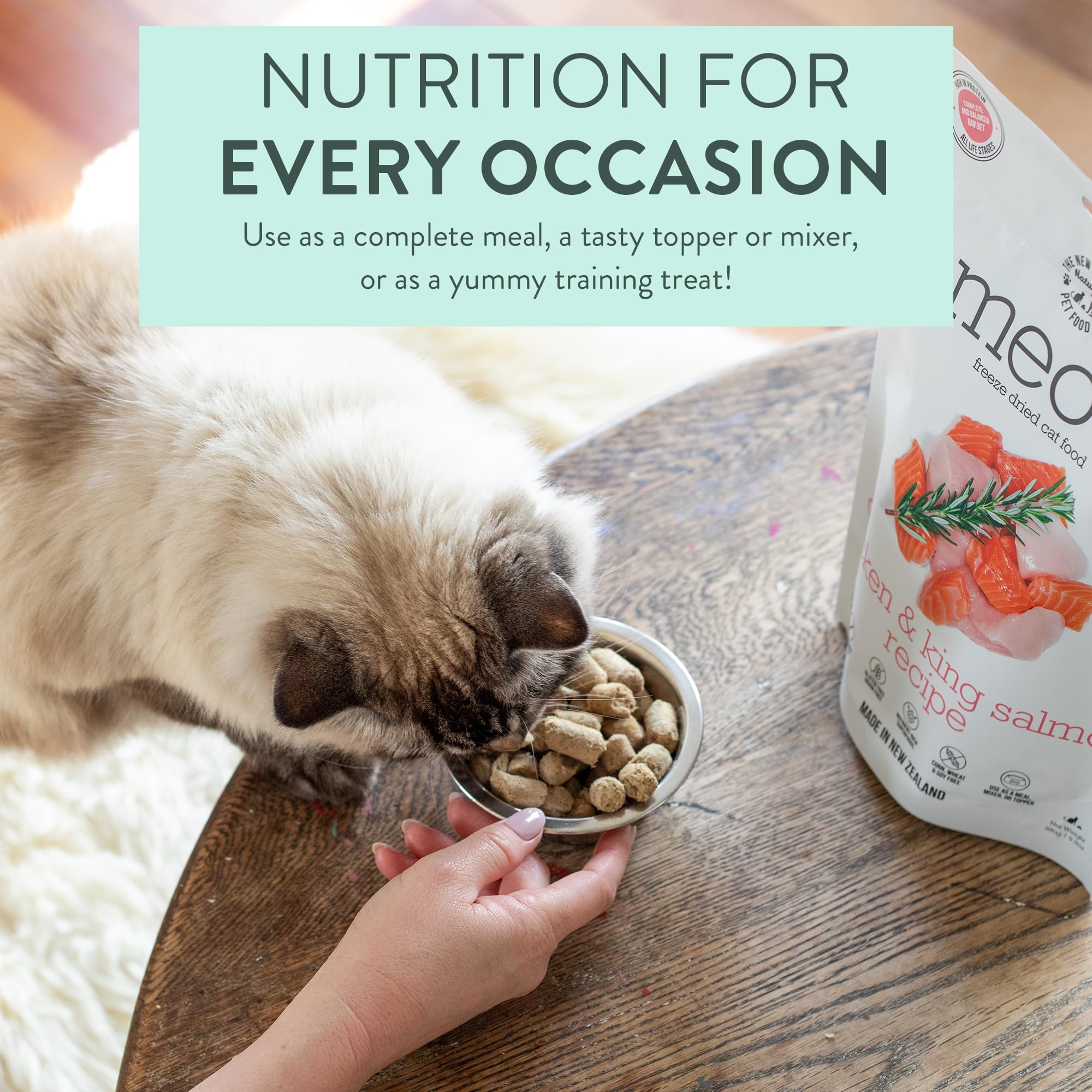 Freeze Dried Raw Cat Food - Meow Chicken & King Salmon High Protein Mixer Topper Treat - Natural Limited Ingredient Recipe 1.76 oz - Perfect for Picky Eaters & Sensitive Stomachs