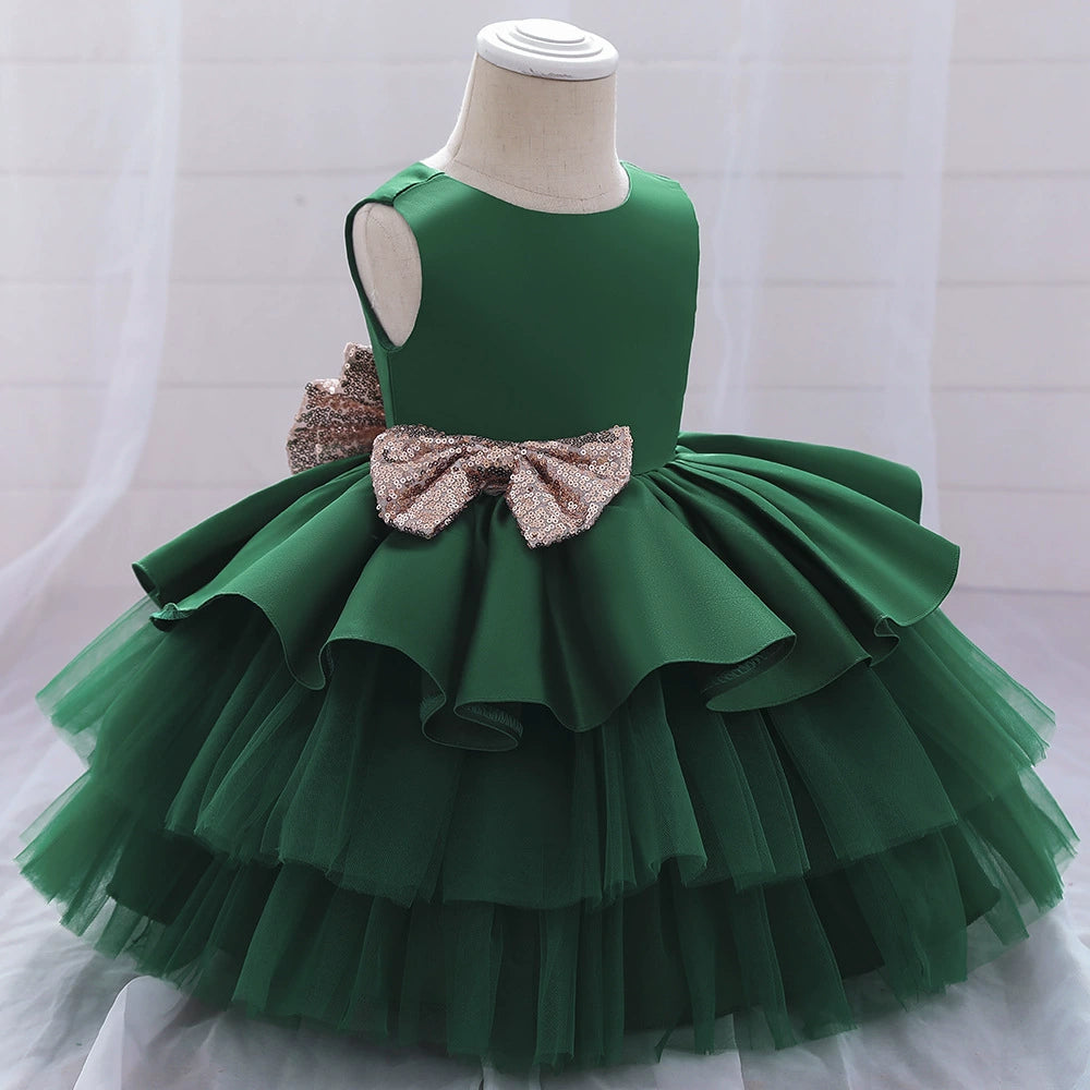 Green Princess Round Tea Length Satin Flower Girl Dress - Perfect for Weddings, Birthday Parties & Special Occasions