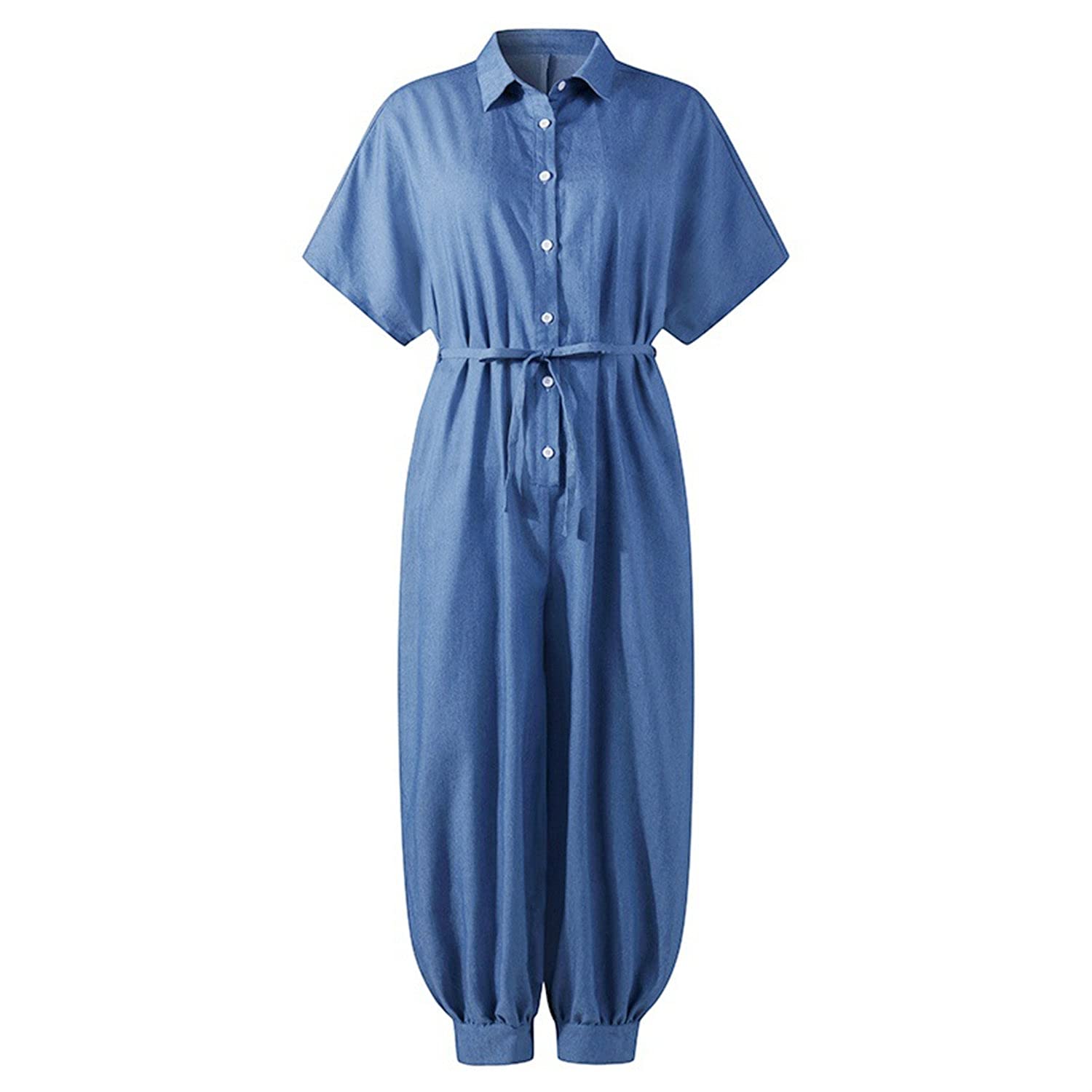 Women's Casual Denim Overalls - Wide Leg Short Sleeve Jumpsuit with V-Neck & Drawstring Waist (Plus Size, Light Blue, Small) | Perfect for Summer Outings, Beach Trips & Casual Streetwear Fashion