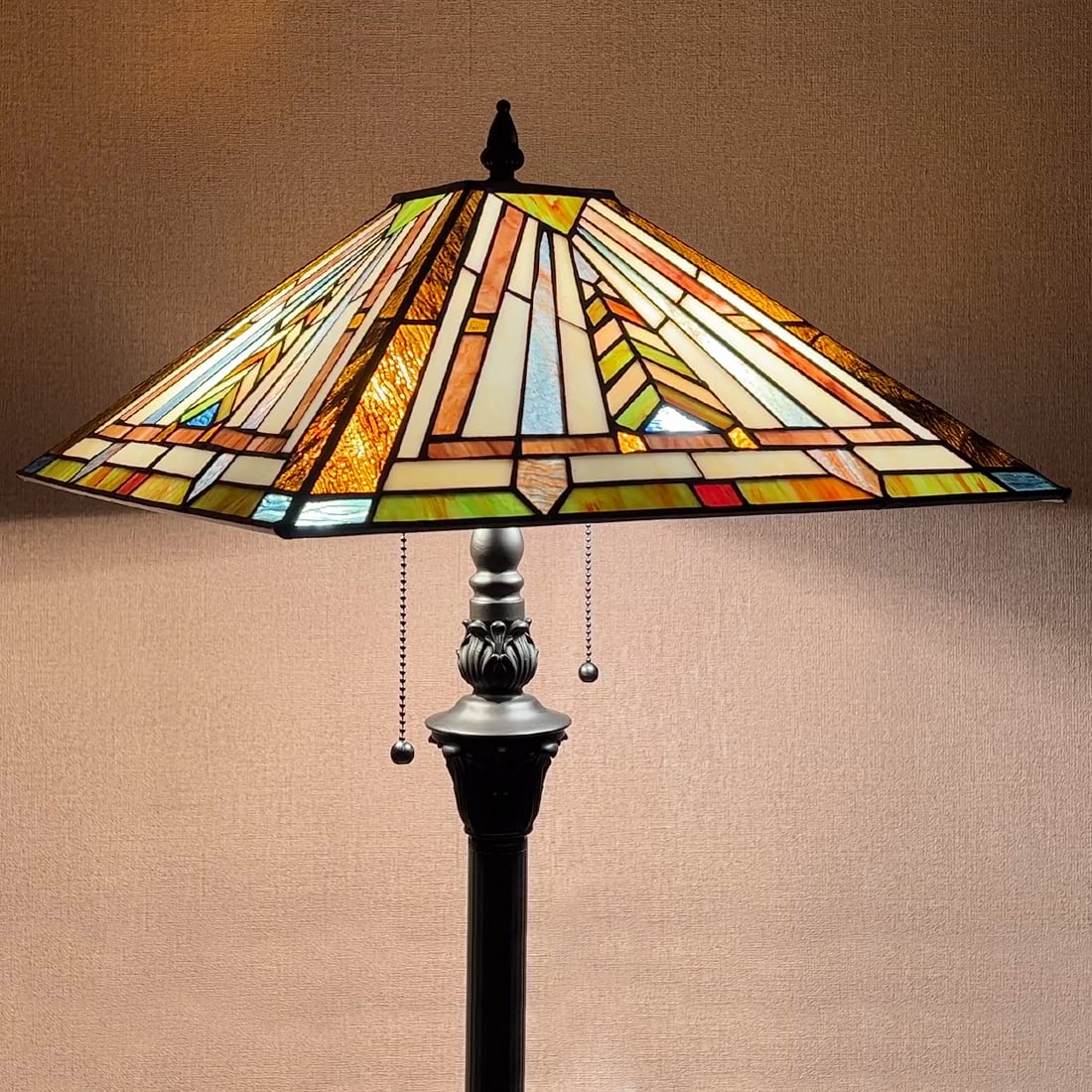 Vintage Tiffany Floor Lamp with 2 Lights - Mission Style Stained Glass Standing Lamp for Living Room, Bedroom & Office - Perfect for Reading, Ambient Lighting and Home Decor