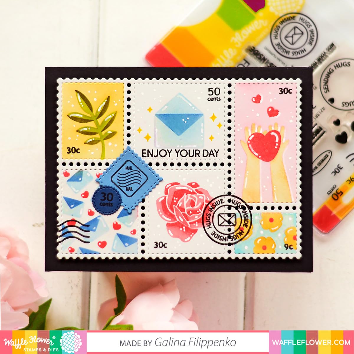 Waffle Flower Postage Collage Stamp Set for Card Making, Scrapbooking & DIY Crafts - Vintage Style Rubber Stamps for Handmade Greeting Cards, Journals and Stationery