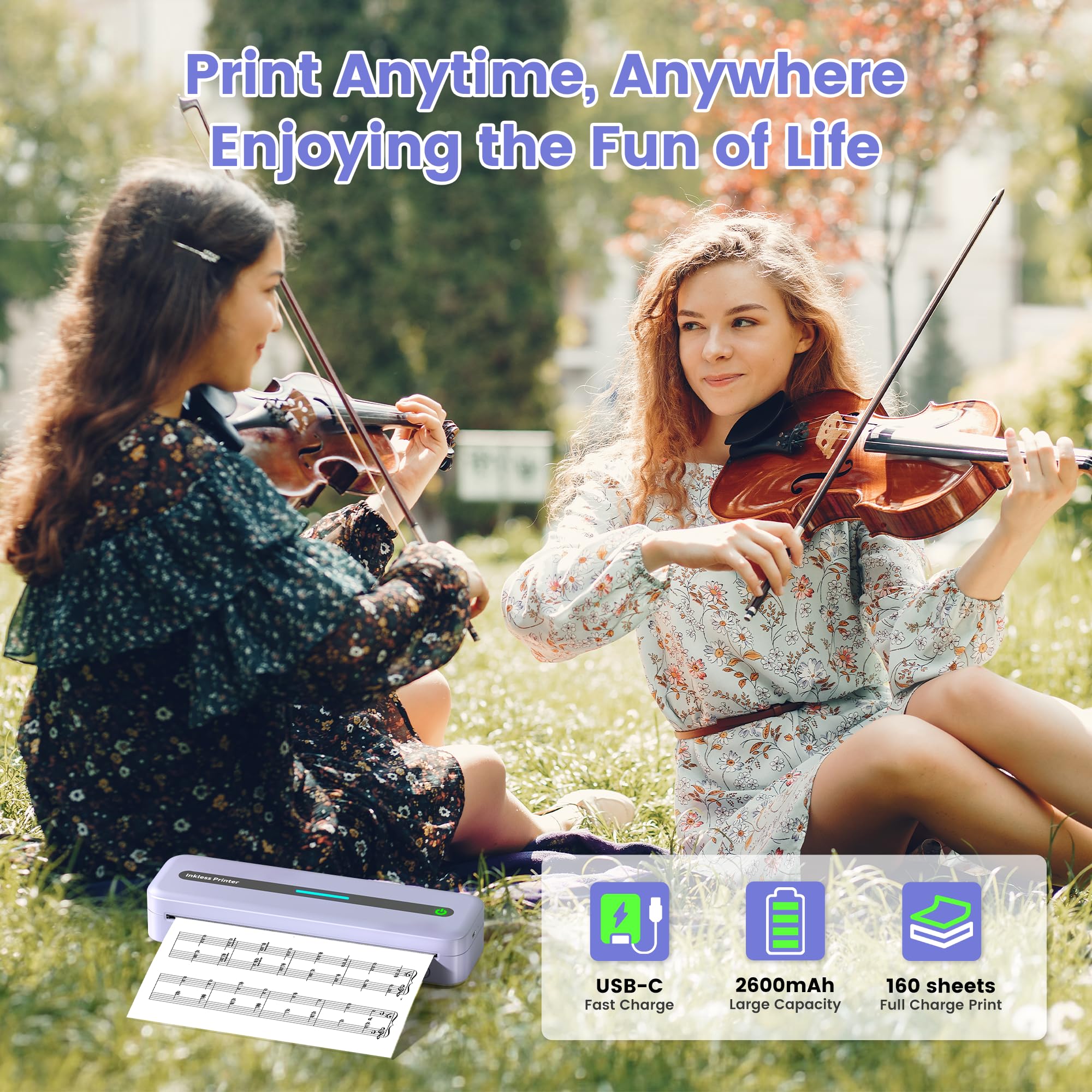 ItriAce A4 Thermal Printer - M832 Bluetooth Wireless Inkless Printer for Office, Home, Study & Travel | Compatible with Laptop, Smartphone & Tablet | Print Labels, Receipts & Documents - Purple