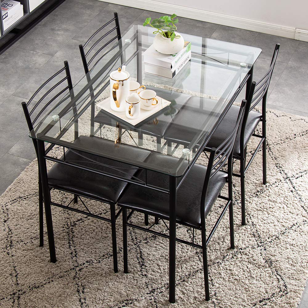 Karl Home 5-Piece Modern Glass Dining Table Set with 4 Chairs - Space Saving Kitchen & Breakfast Furniture for Small Dining Rooms, Apartments & Condos - Perfect for Family Meals, Entertaining Guests & Daily Use