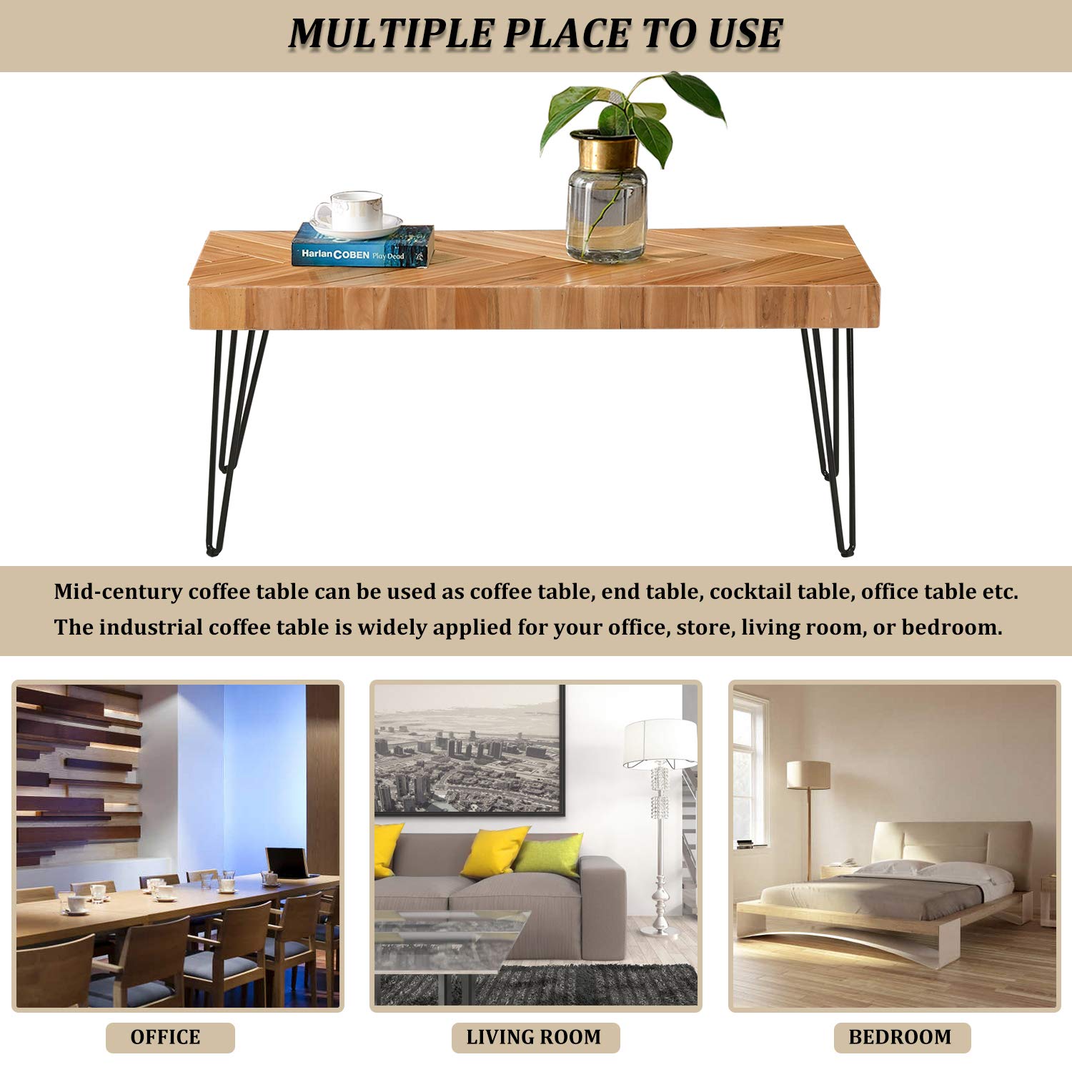 Modern Industrial Coffee Table with Metal Hairpin Legs & Glossy Finish - Easy Assembly Living Room Cocktail Table for Home, Office & Lounge Decor