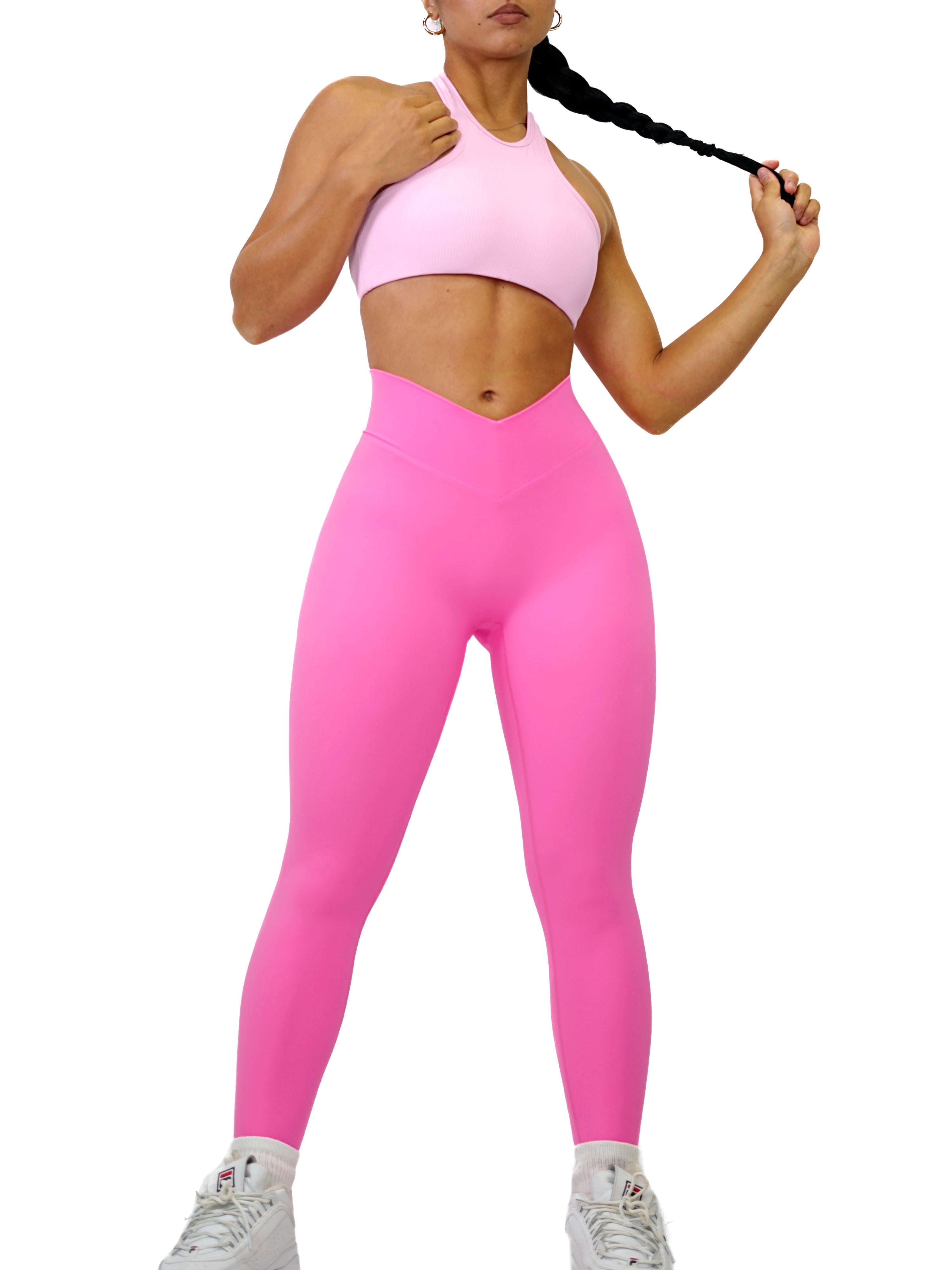Low Back Pocket Leggings for Women - High Waisted Yoga Pants with Side Pockets, Neon Pink Workout Leggings - Perfect for Gym, Running, Yoga & Lounge Wear