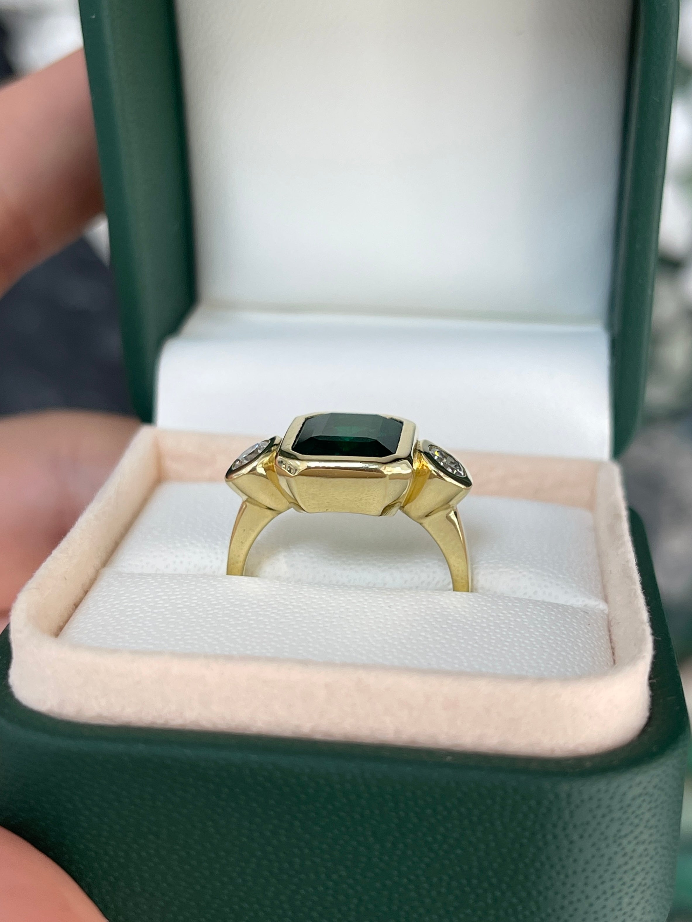 4.58tcw Natural Dark Emerald & Round Diamond Three Stone Ring in 18K Gold - Elegant Engagement, Anniversary or Gift Jewelry for Women
