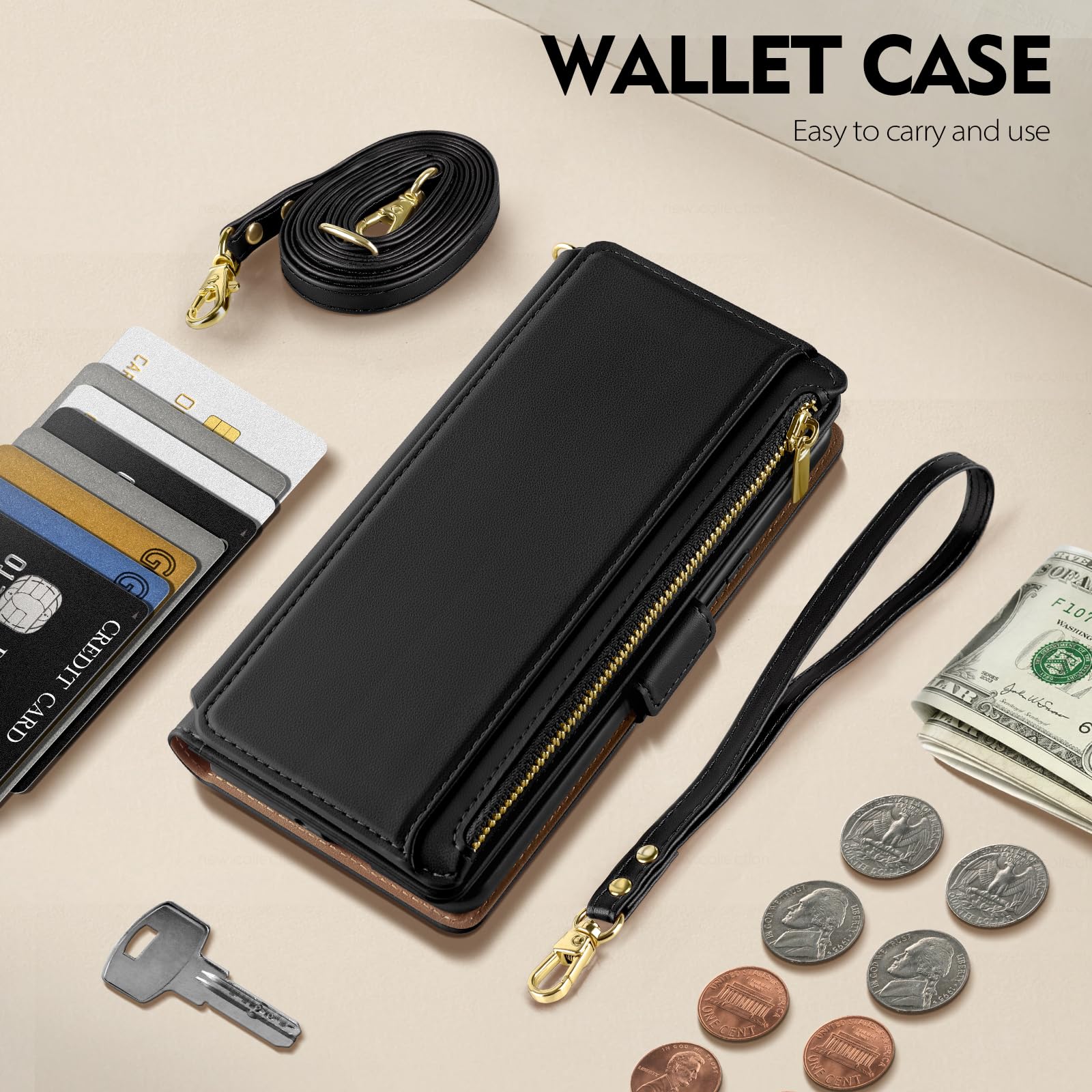 Premium RFID Blocking PU Leather Wallet Case for iPhone 13 Pro - Women's Crossbody Phone Case with Zipper, Wrist Strap & Credit Card Holder | Shockproof Flip Cover | Perfect for Travel, Shopping & Everyday Use (Black)