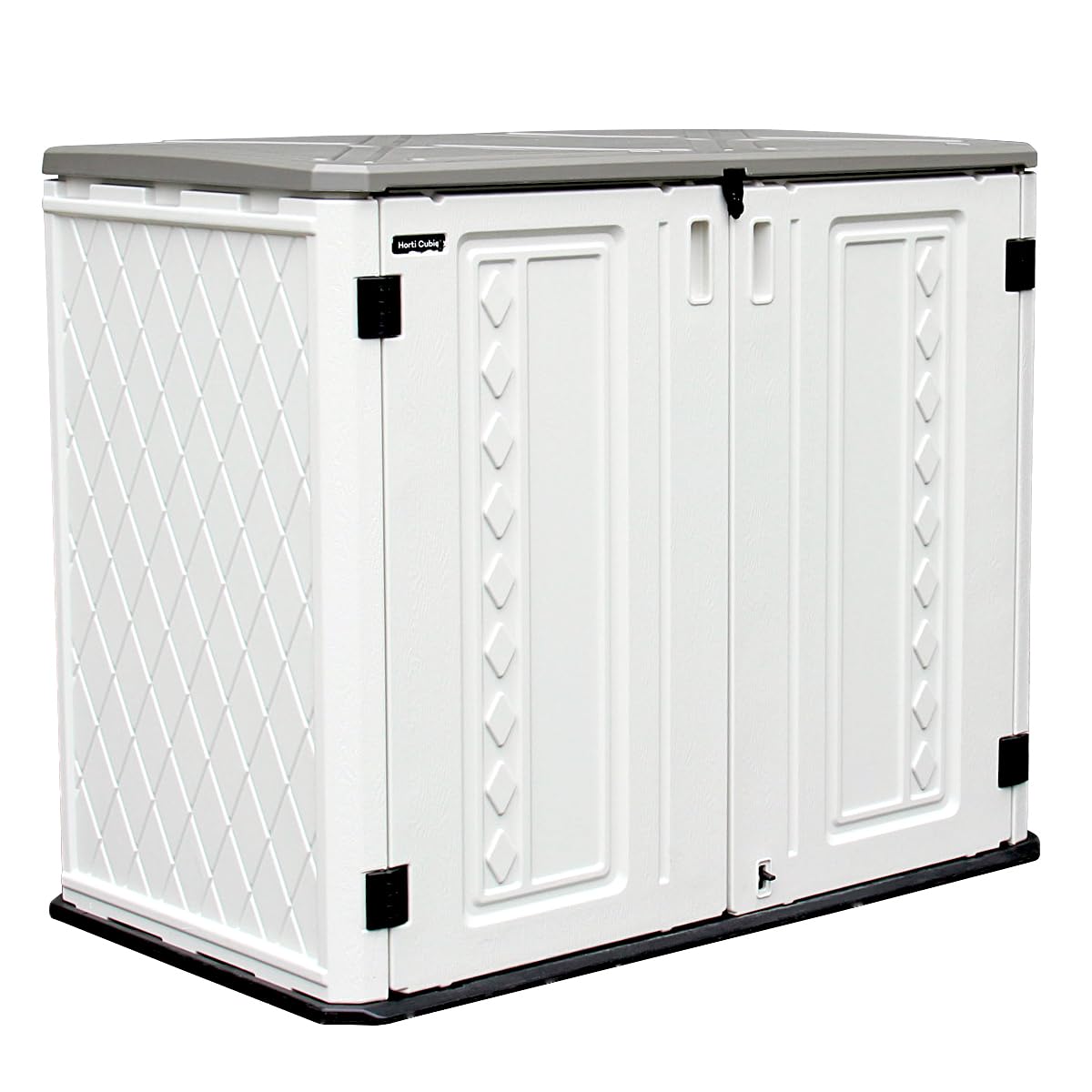 ADDOK 27 Cuft Horizontal Outdoor Storage Shed with Floor - All-Weather Plastic Garden Storage Box for Backyard, Patio & Lawn - Perfect for Bikes, Lawn Mowers, Trash Cans & Outdoor Equipment (Off-White) - Ideal for Small Space Organization & Seasonal Item Storage