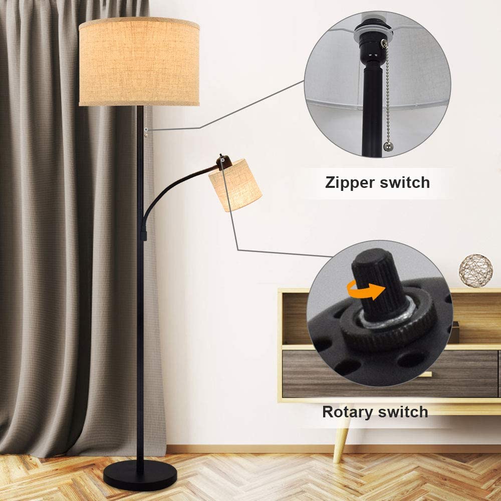 Modern Rustic Tall Pole Floor Lamp with 2 Adjustable Heads - Mother & Child Design, Fabric Drum Shade, 3000K Warm White Eye-Care LED Bulb Included - Perfect for Living Room, Bedroom, Study & Reading Nook