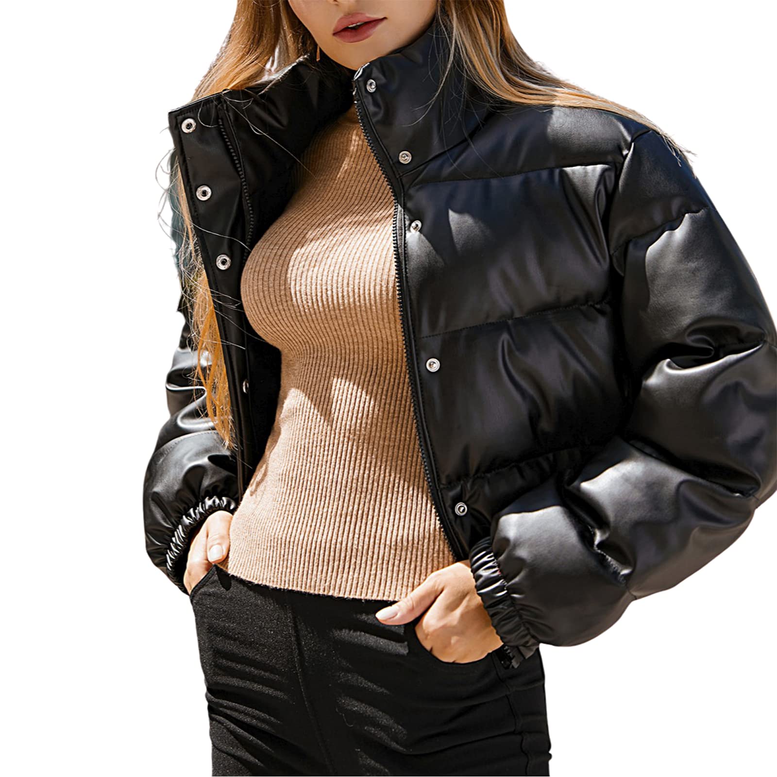 Women's Cropped Puffer Jacket with Stand Collar - Stylish Short Puffy Coat for Winter - Perfect for Casual Outings, Travel & Outdoor Activities