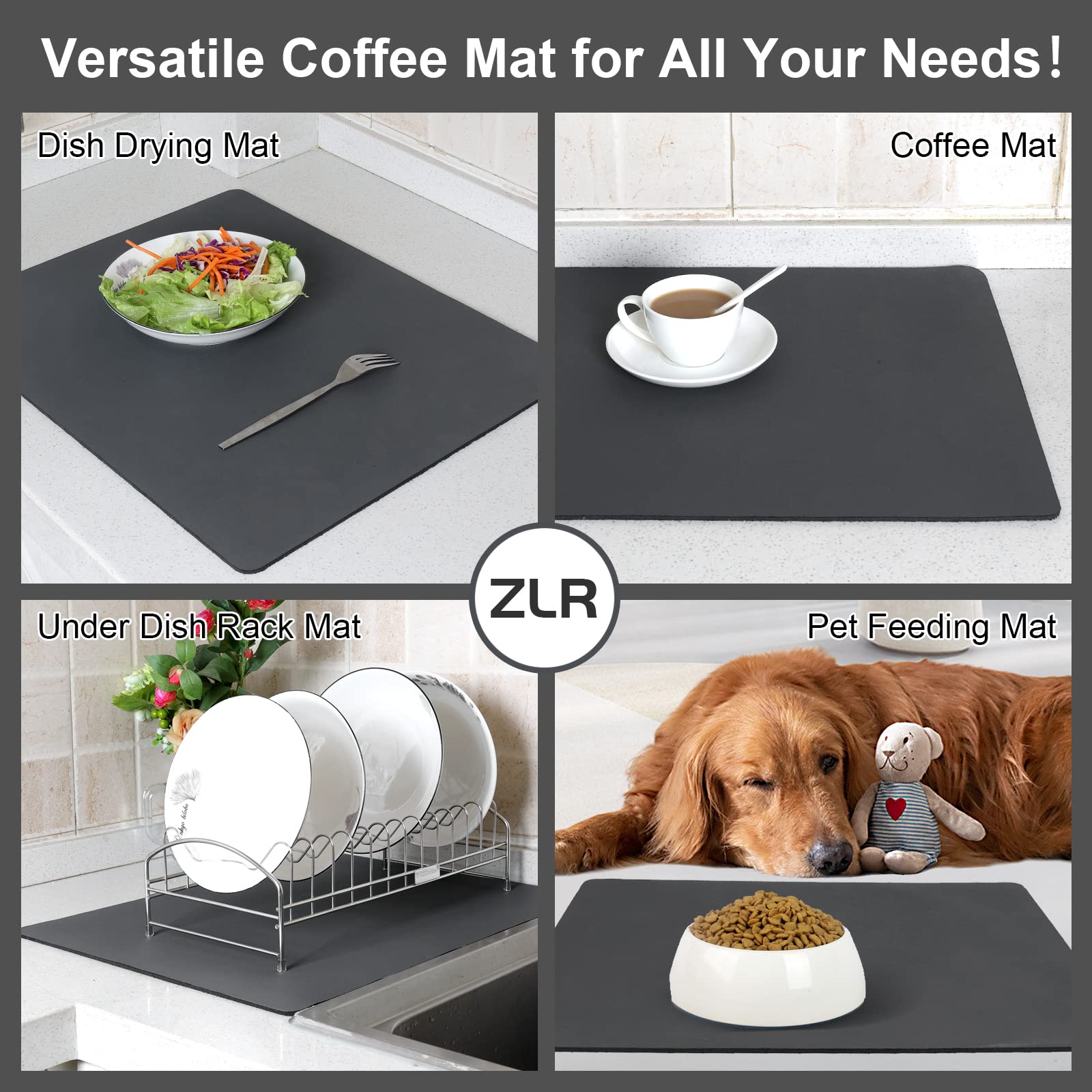 ZLR Coffee Mat - 12x16 Absorbent Kitchen Drying Mat for Dishes & Countertops - Easy Clean for Coffee Bars & Espresso Machines - Gray