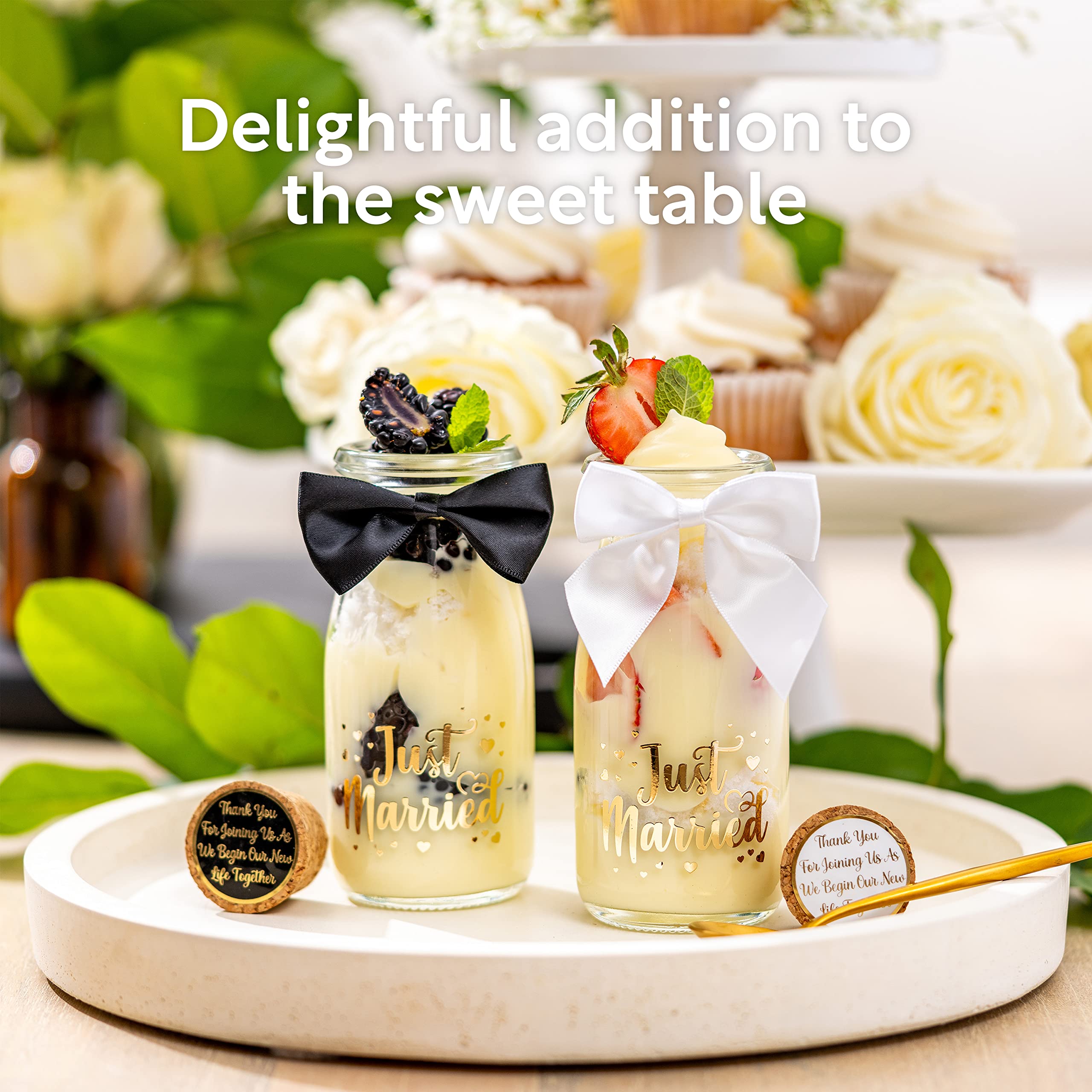 25 Pack Gold Glass Bottles for Wedding Favors - Elegant Bulk Glass Bottles with Black Bowtie & Thank You Stickers - Perfect for Wedding Reception, Bridal Shower & Anniversary Party Gifts