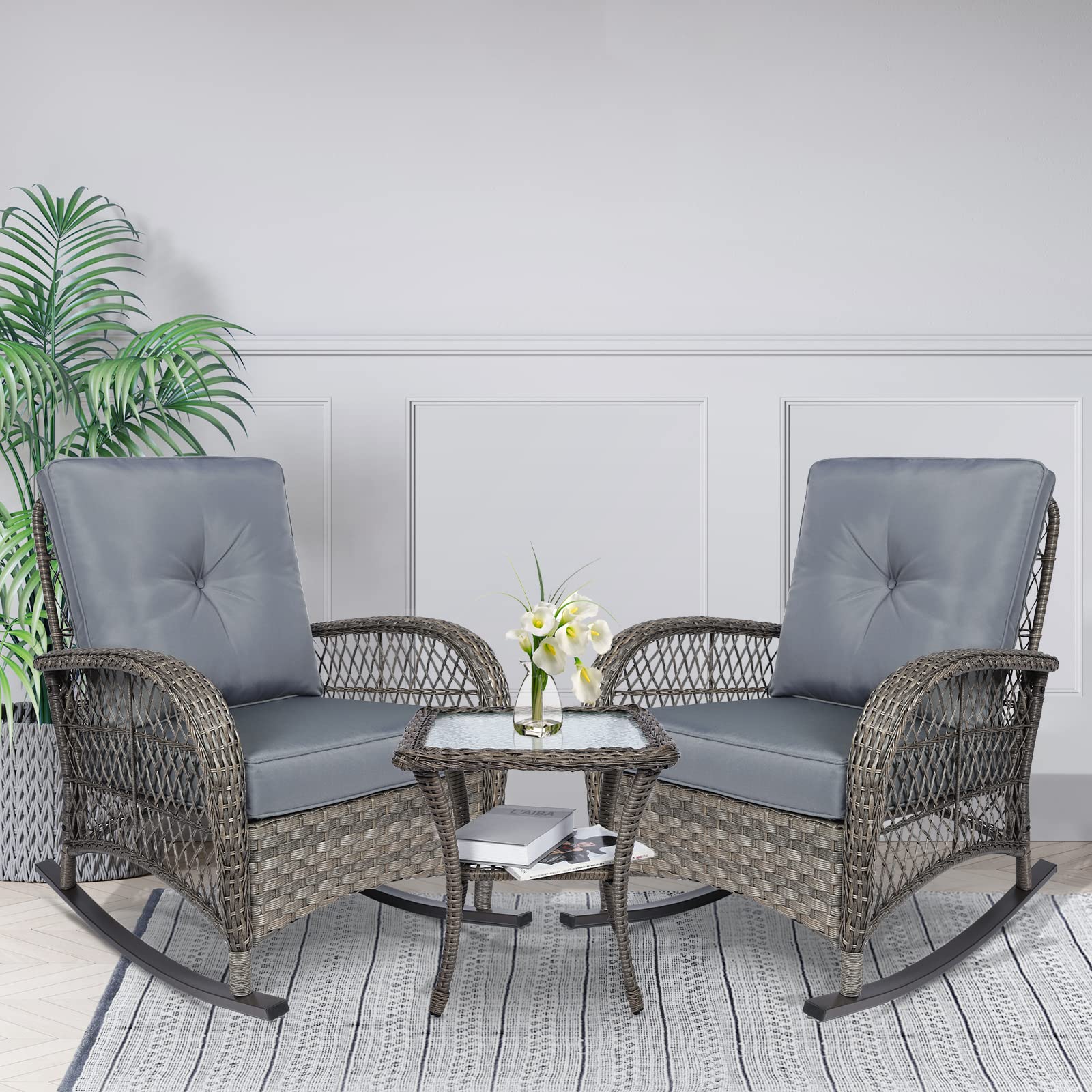 VIVIJASON 3-Piece Outdoor Wicker Bistro Set with 2 Rocking Chairs, Cushions & Glass Top Side Table - Patio Rattan Furniture for Garden, Porch, Backyard (Grey) | Perfect for Relaxing, Entertaining & Enjoying Outdoor Spaces