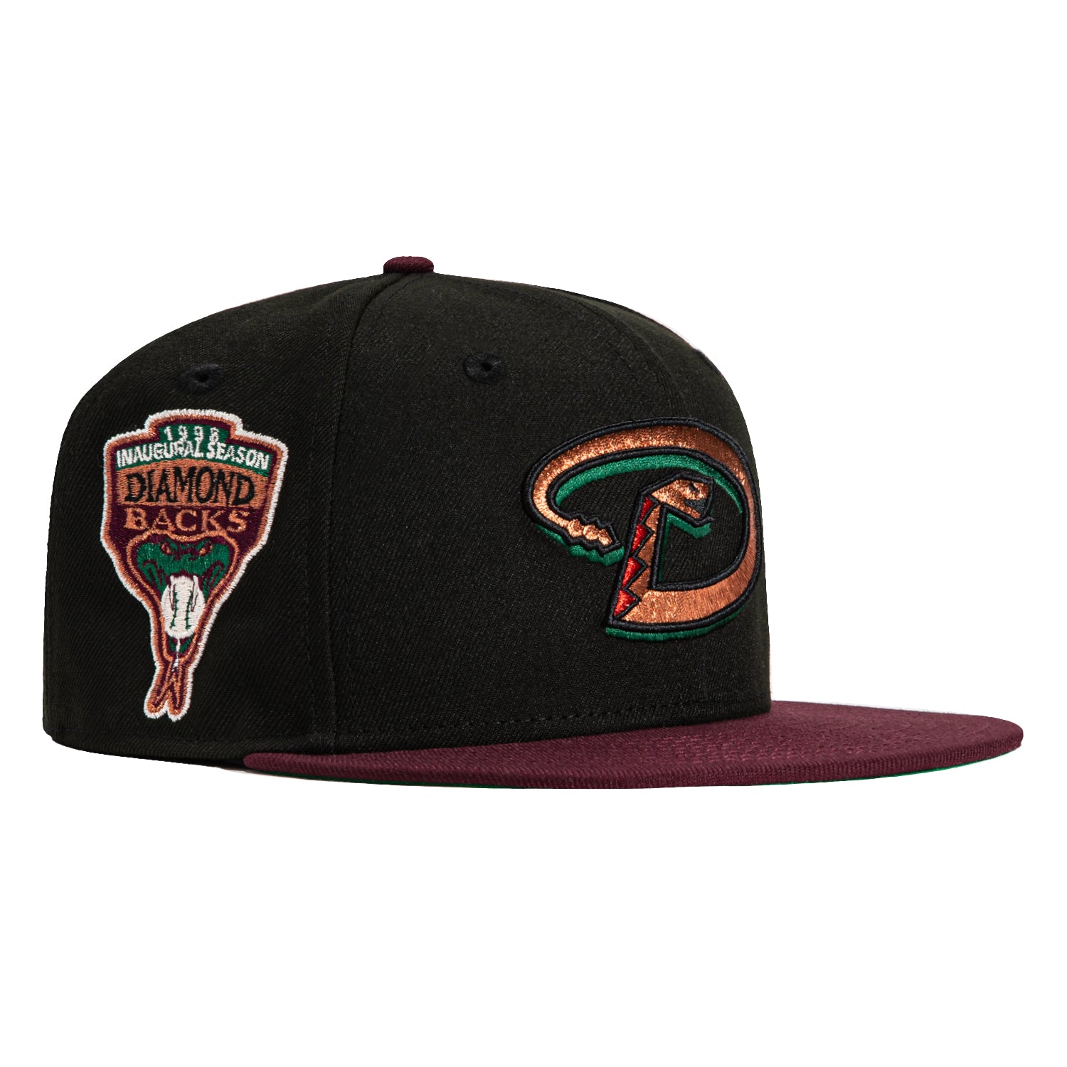 New Era 59Fifty Arizona Diamondbacks Inaugural Patch Snapback Hat - Black, Maroon & Metallic Copper | MLB Baseball Cap for Fans & Collectors | Game Day, Casual Wear & Sports Events