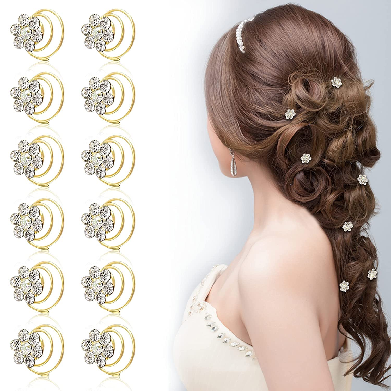 INDVIK 12 Pcs Golden Spiral Juda Pins with Pearl - Hair Spring Clips for Women & Girls Wedding, Bridal Party, Prom Hairstyle Accessories