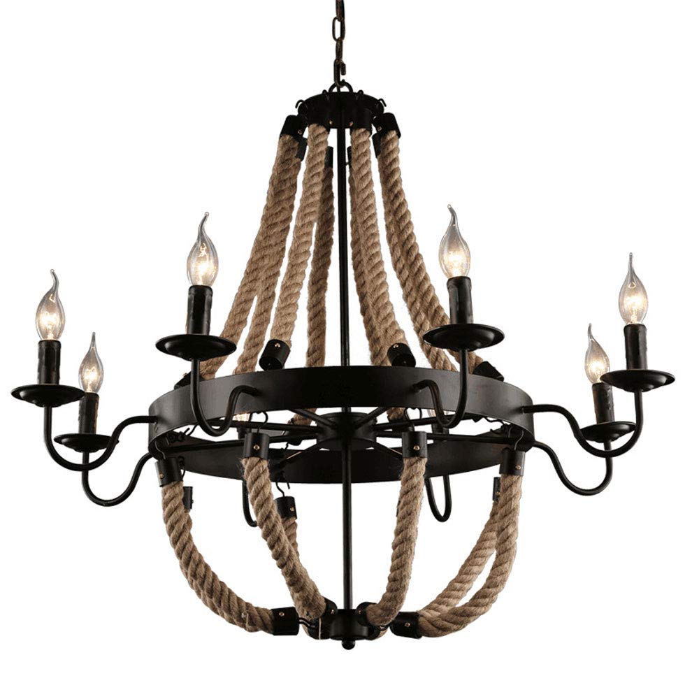 Vintage Industrial 8-Light E14 Chandelier - Loft Retro Restaurant Cafe Ceiling Pendant Light with Metal & Hemp Rope Design - Perfect for Bar, Clothing Store, American Porch & Corridor Lighting