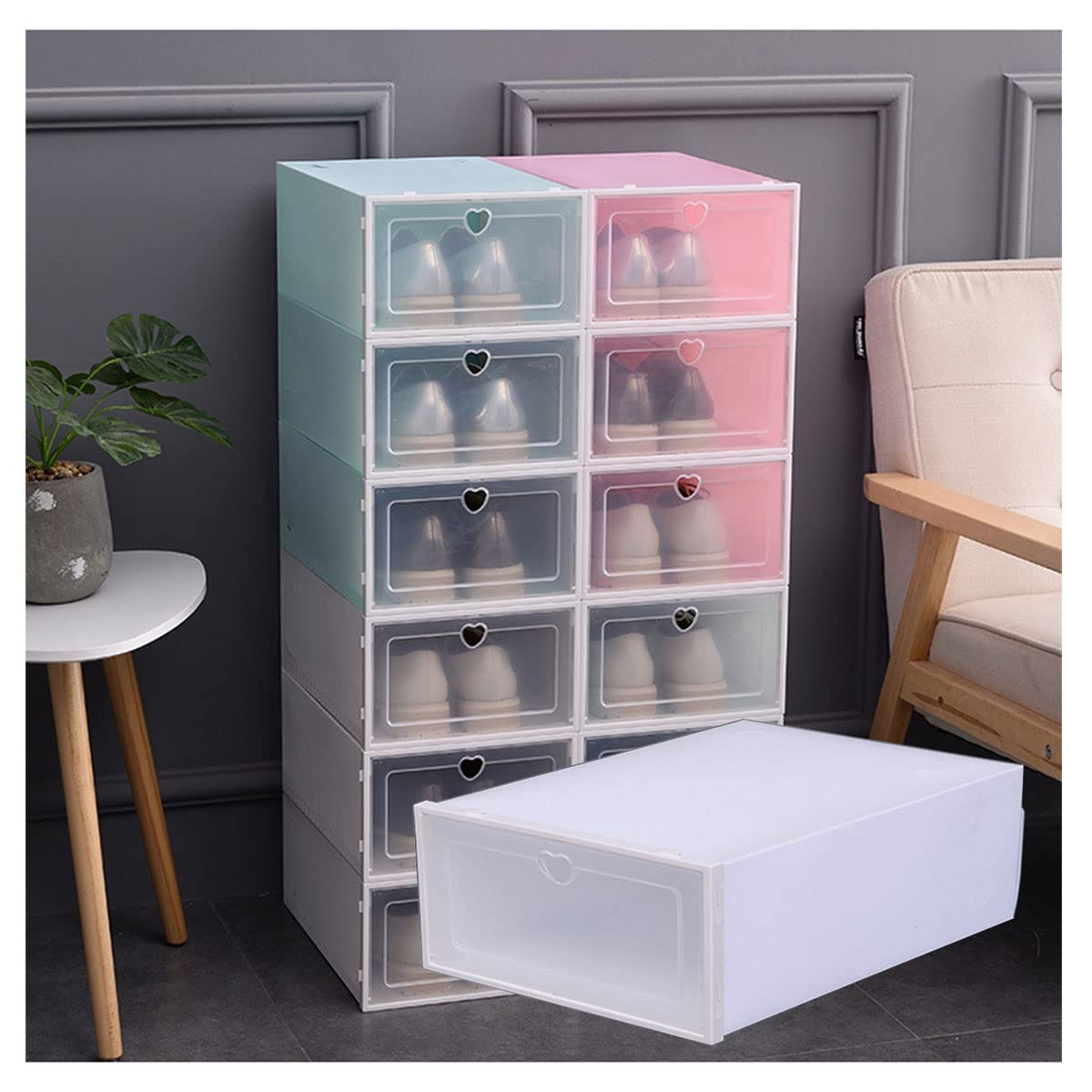 Clear Plastic Stackable Shoe Storage Box with Drop Front & Lids - 12.9