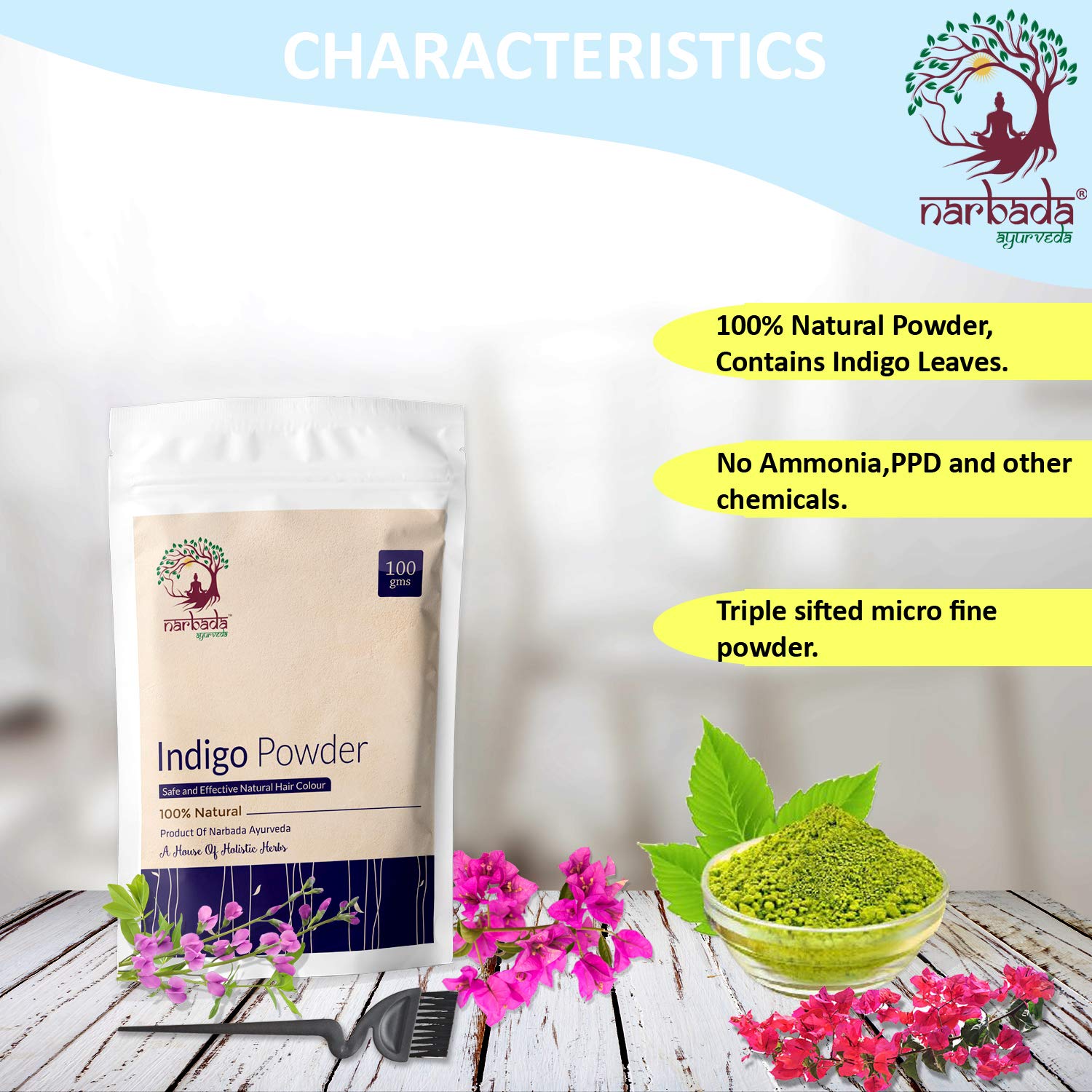 Narbada Ayurveda Pure Indigo Powder 250gm - Natural Hair & Beard Dye for Black & Brown Color | Promotes Hair Shine, Strengthening & Conditioning | Perfect for At-Home Hair Coloring & Herbal Hair Care