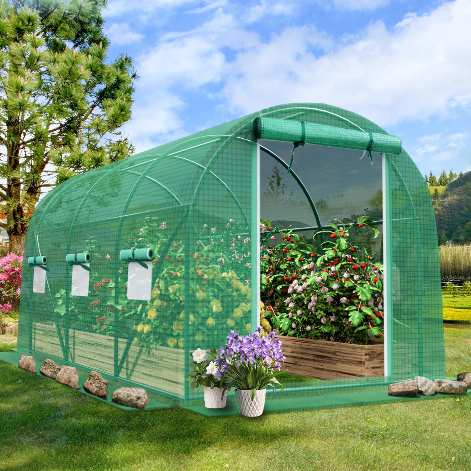 Grezone 10x7x7 FT Walk-in Greenhouse with Dual Zippered Screen Doors & 6 Vent Windows - Heavy Duty Reinforced Frame Plastic Plant House for Outdoor Gardening, Seed Starting & Plant Protection