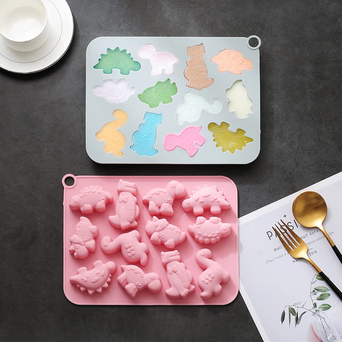 2Pcs Cute Dinosaur Silicone Cake Molds - 3D Dino Chocolate & Gummy Mold Tray with 12 Cavities - Perfect for Baking, Candy Making, Cupcake Decorating and DIY Handmade Soap - Fun Kids Birthday Party & Baking Activity Supplies