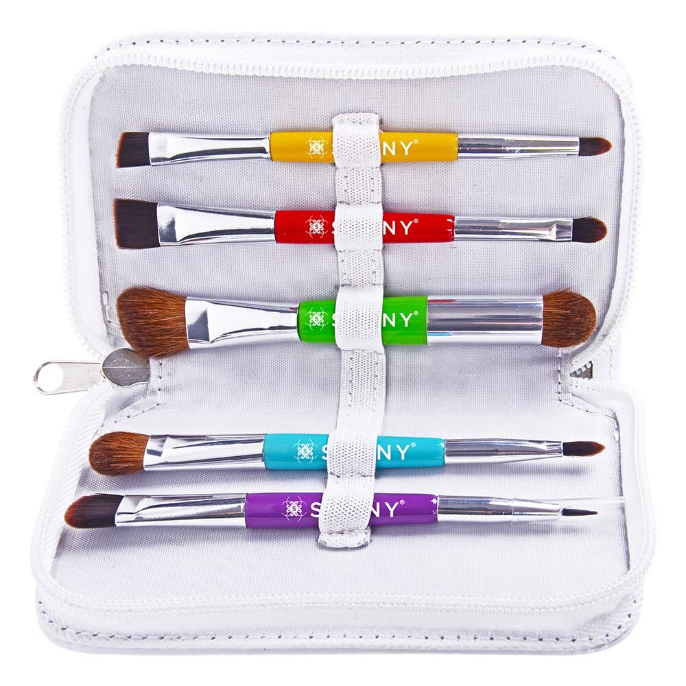 5-Piece Double-Sided Essential Makeup Brush Set with Travel Pouch - Perfect for Professional Makeup Artists & Travel Beauty Routine