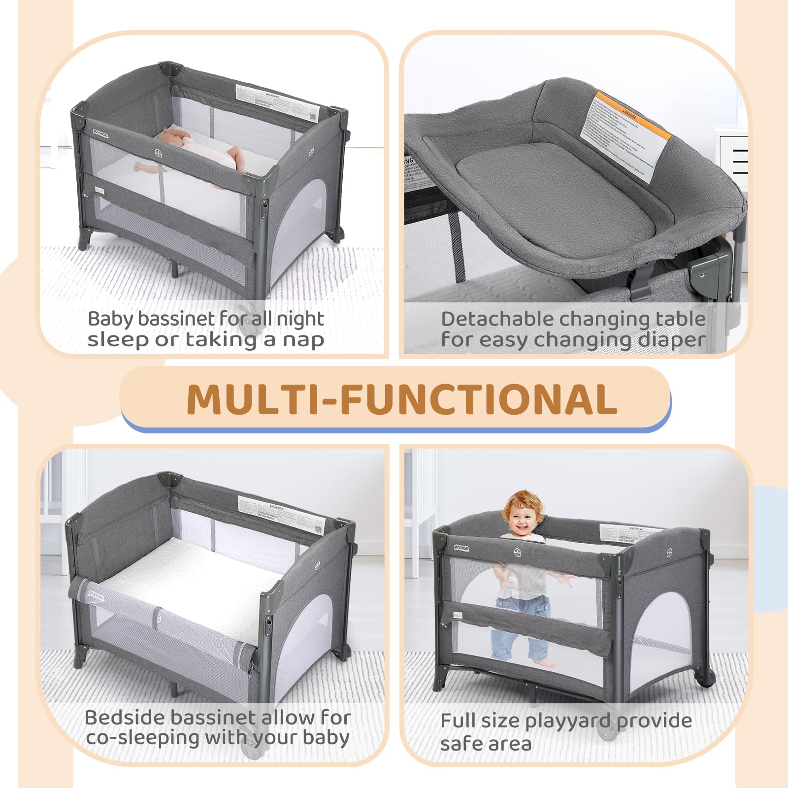 JOYMOR 5-in-1 Baby Bassinet with Changing Table | Portable Crib with Mattress, Sheets & Toy | Wheels & Carry Bag for Nursery, Travel | Perfect for Newborns, Infants, Boys & Girls