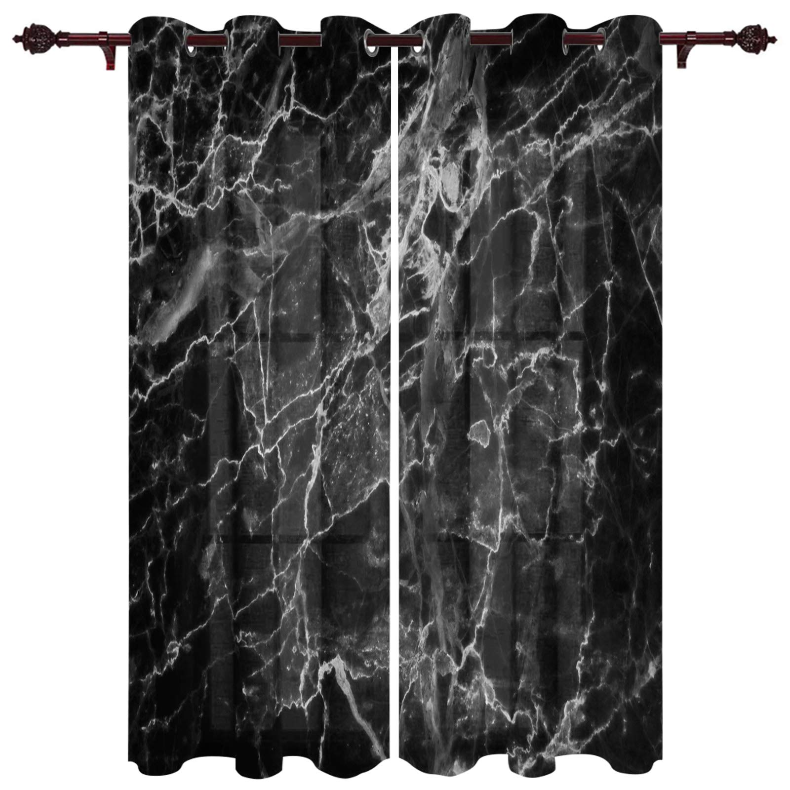 Black Marble Print 2-Panel Grommet Curtains 52x96 Inches - Modern Farmhouse Window Treatments for Living Room, Bedroom & Dining Room | Light Filtering & Home Decor