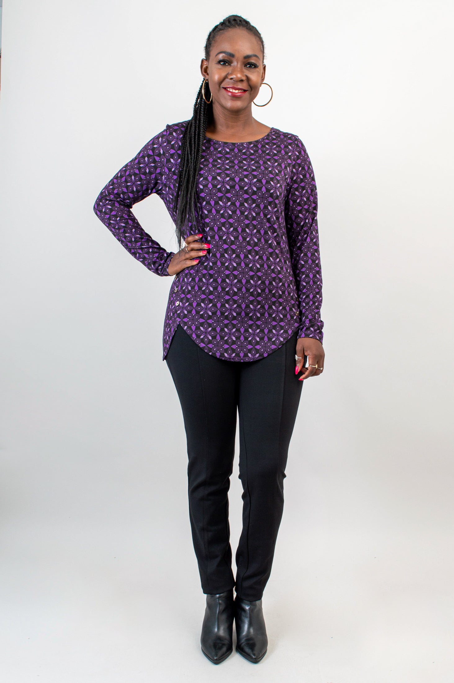 Bethany Top - Geo Flower Print Bamboo Blouse | Women's Fashion | Perfect for Casual Wear & Summer Outfits