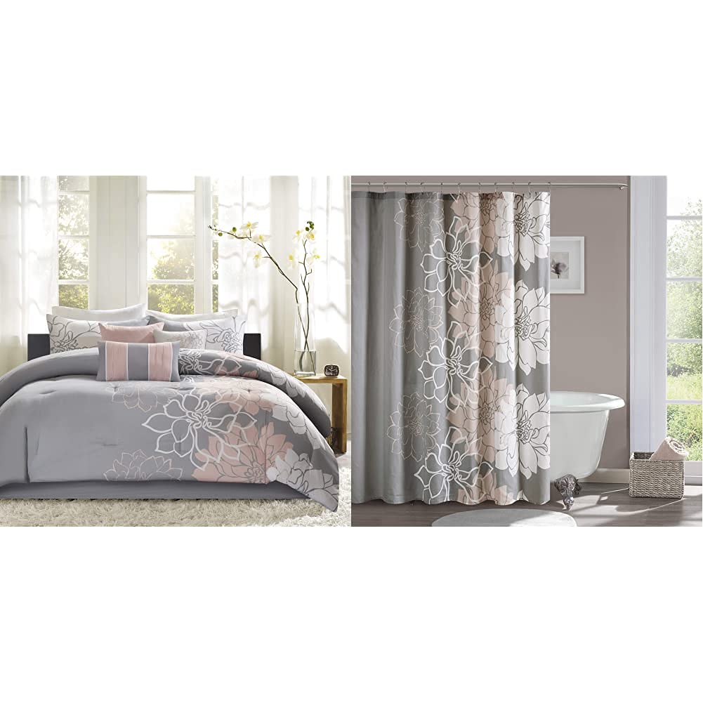 Madison Park Lola 7-Piece All Season Down Alternative Comforter Set - Queen Size 90x90 Inches (Grey/Blush) with Decorative Pillows & Bedskirt + Floral Shower Curtain 72x72 - Perfect for Master Bedroom Decor & Bathroom Upgrade