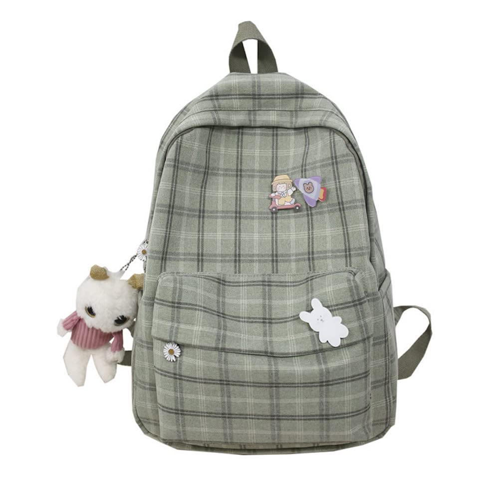 Light Academia Aesthetic Backpack for Teen Girls - Stylish Plaid Preppy School Bag with Decorative Pins & Plushies - Perfect for High School, College & Travel - Sage Green Backpack