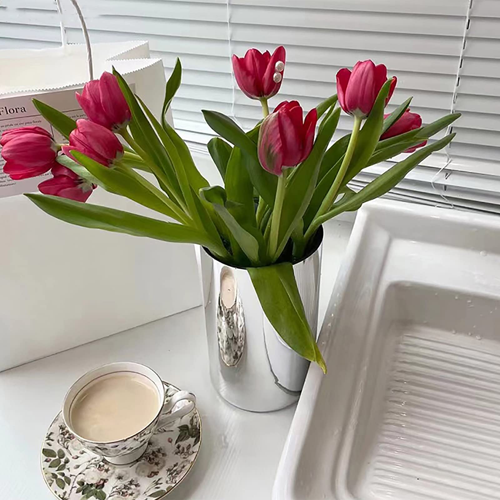 Round Mirrored Chrome Vase - Shiny Metal Flower Vase for Home Decor, Luxury Centerpiece for Wedding, Office & Dining Table - Silver Large 12x30cm (5x12inch) - Perfect for Modern Living Rooms, Elegant Weddings & Office Reception Decor