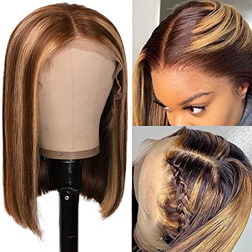 Pre Plucked Highlight Blonde Lace Front Bob Wig - 180% Density Silky Straight Brazilian Remy Human Hair - 8