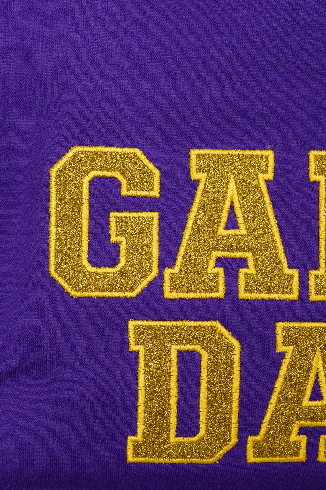 PREORDER: Embroidered Glitter Game Day Sweatshirt - Purple & Gold for Football Season | Perfect for Tailgating, College Games & Fan Apparel